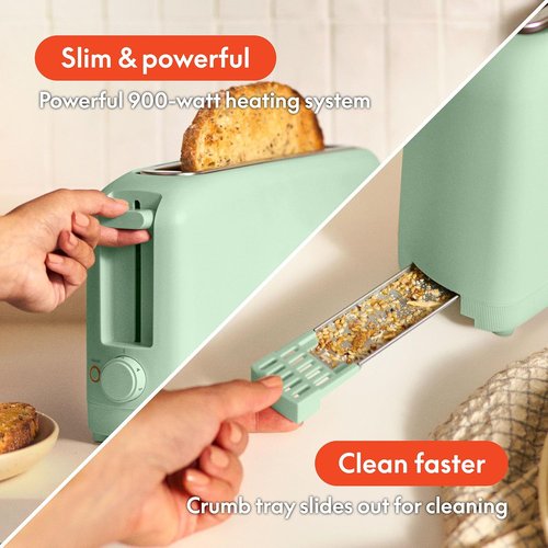 Bella 2 Slice Slim Toaster - 6 Shade Settings with Reheat & Cancel | Fits Sourdough, 10” Long Slot, Seaglass