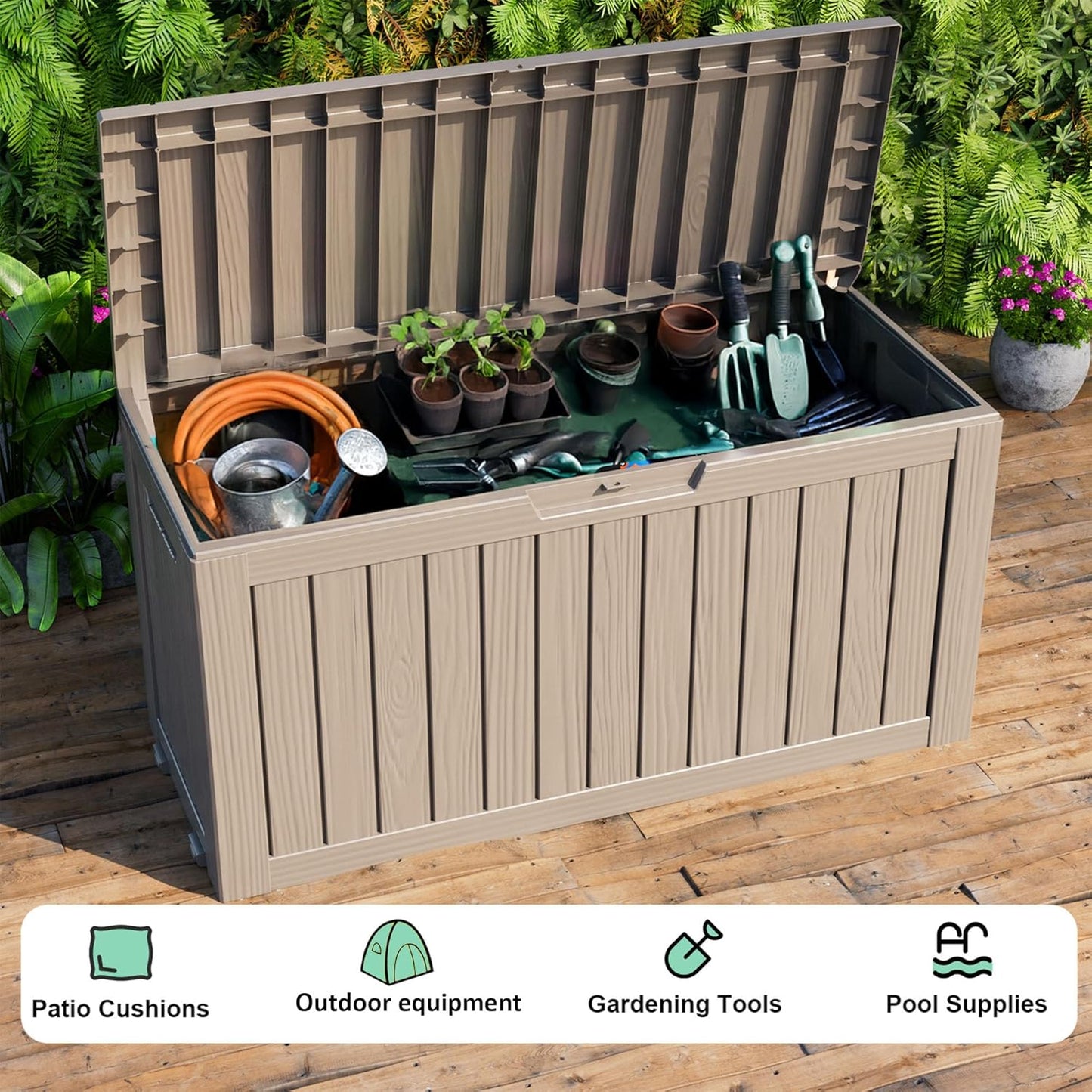 Skiennix 76 Gallon Outdoor Deck Box - Lockable Waterproof Storage for Garden Tools & Cushions | Grey