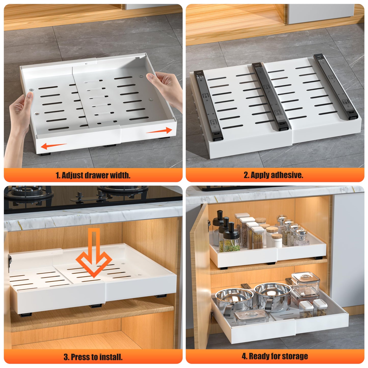 DEKAVA 2 Pack Pull Out Cabinet Organizer Expandable, Adhesive with Nano Film, Pull Out Drawers for Cabinets in Kitchen, Pantry or Bathroom (White, 21"DEEPX[12"-20'']Width-2PACK)