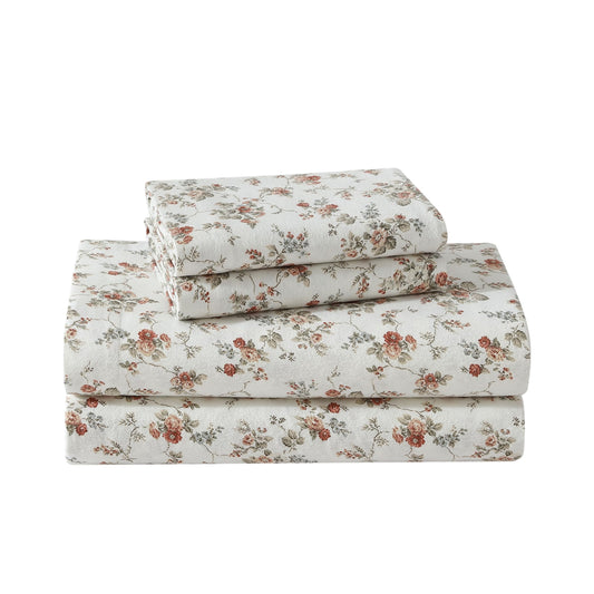Laura Ashley - King Sheet Set, Cotton Flannel Bedding, Brushed for Extra Softness & Comfort (Le Fleur Orange, King)