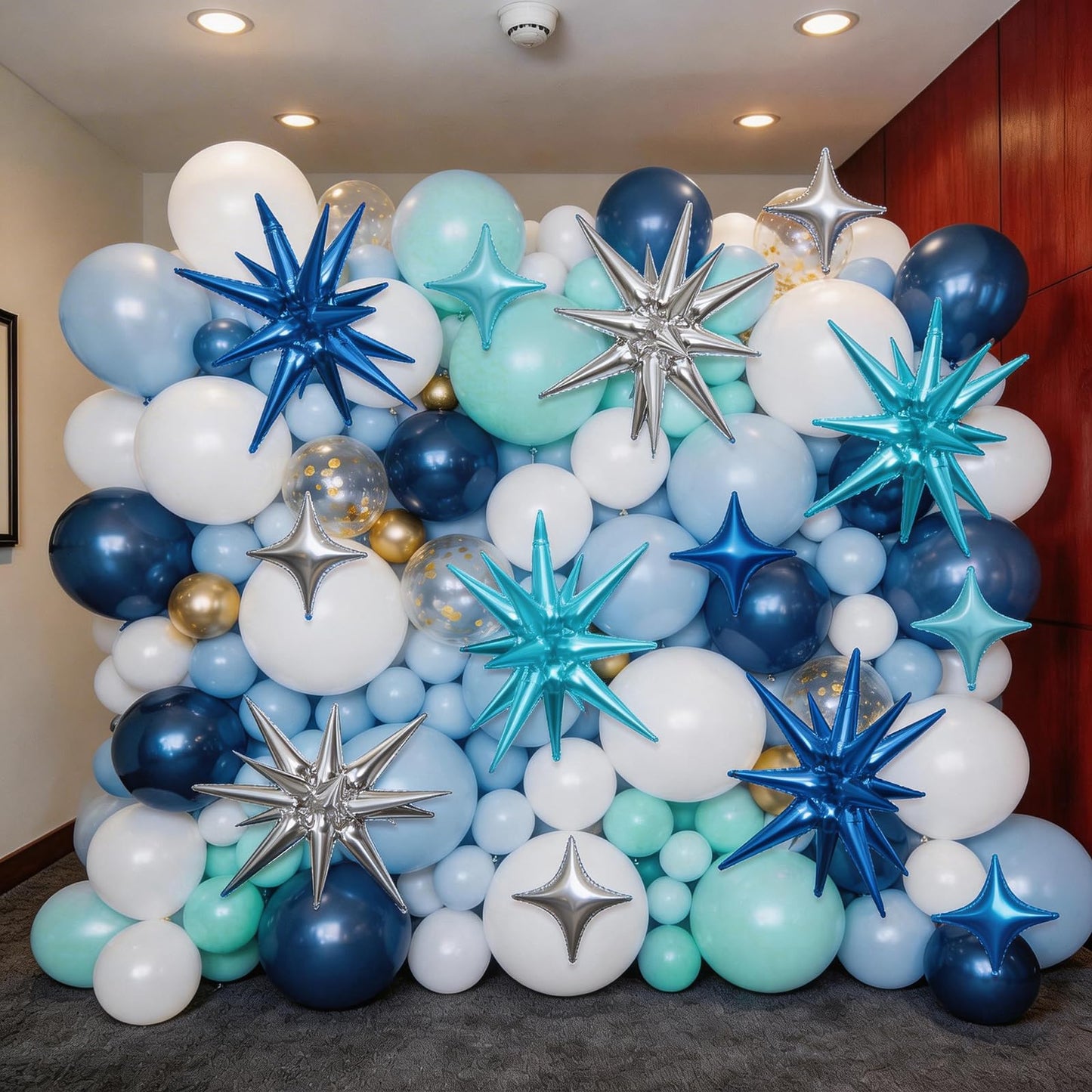 Blue Silver Star Balloons Kit with 6pcs 22in Cone Foil Balloons and 10pcs 10in Four Pointed Star Balloons for Birthday Anniversary Disco Party Decorations