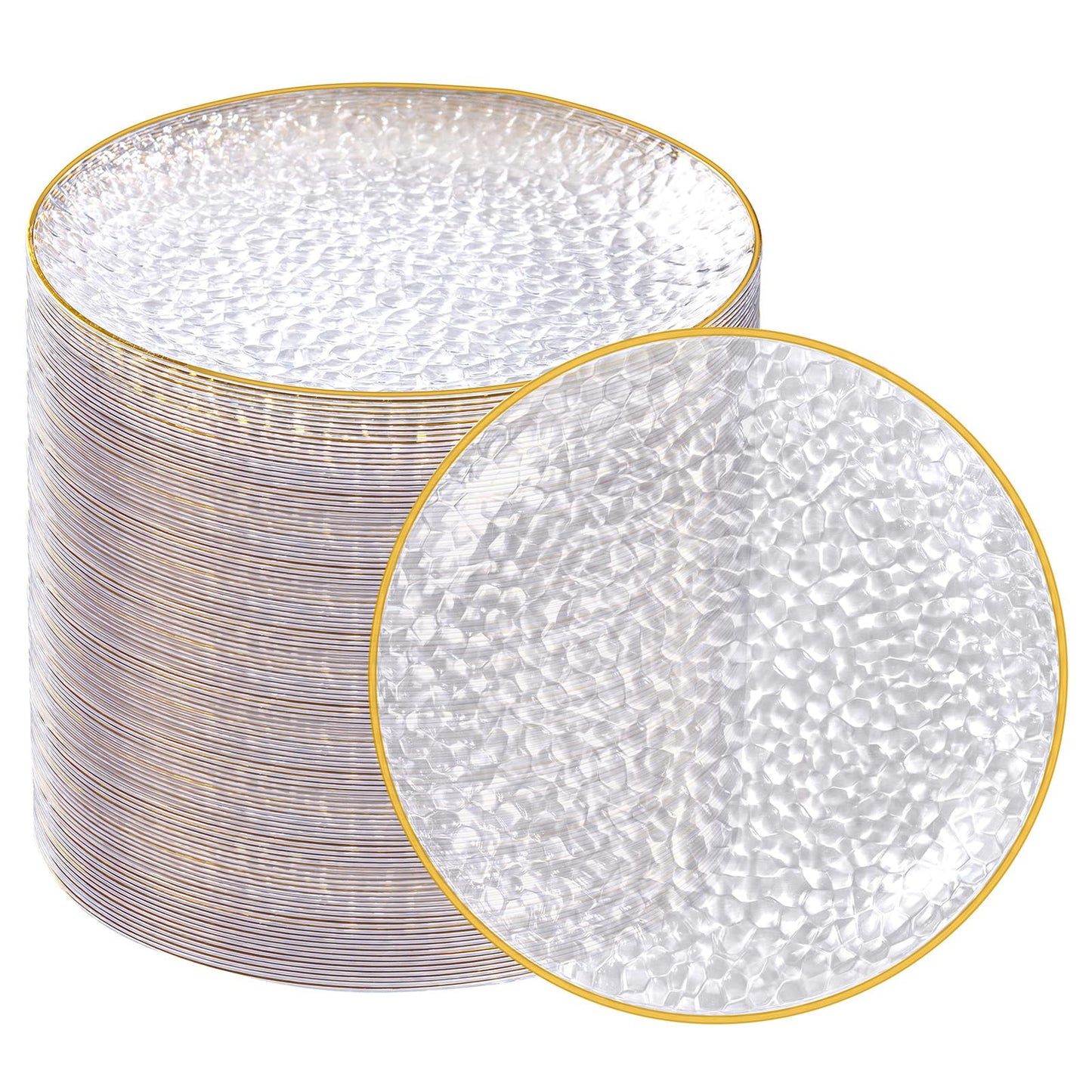 Rubtlamp 100 Pack Clear Gold Plastic Dessert Plates, 6Inch Clear Gold Small Appetizer Plates With Hammered, Heavy Duty Disposable Salad Plate, Elegant Cake Platos for Wedding, Birthday, Teatime