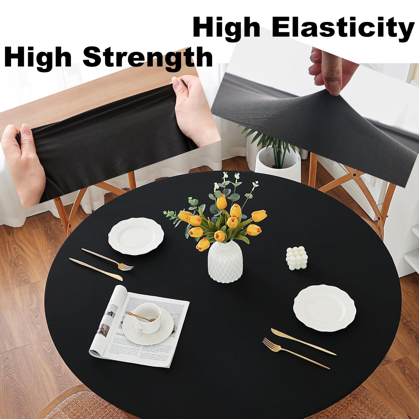 Limalred Fitted Spandex Round Tablecloth, Soft Skin Friendly Non Pilling Breathable Fabric Table Cover with Elastic Band for Dining Gathering Party Banquet Decoration 48 Inch Black