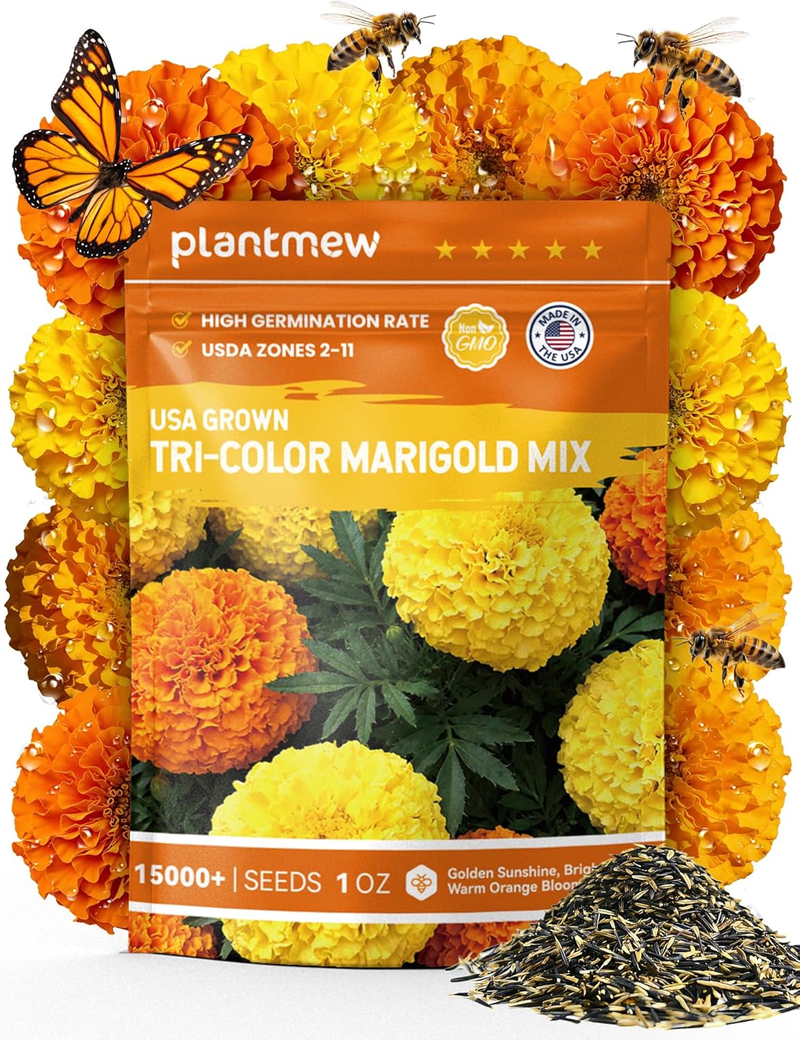 Tri-Color Marigold Seeds - 15,000+ Heirloom French Non-GMO Seeds | High Germination for Outdoor Gardens
