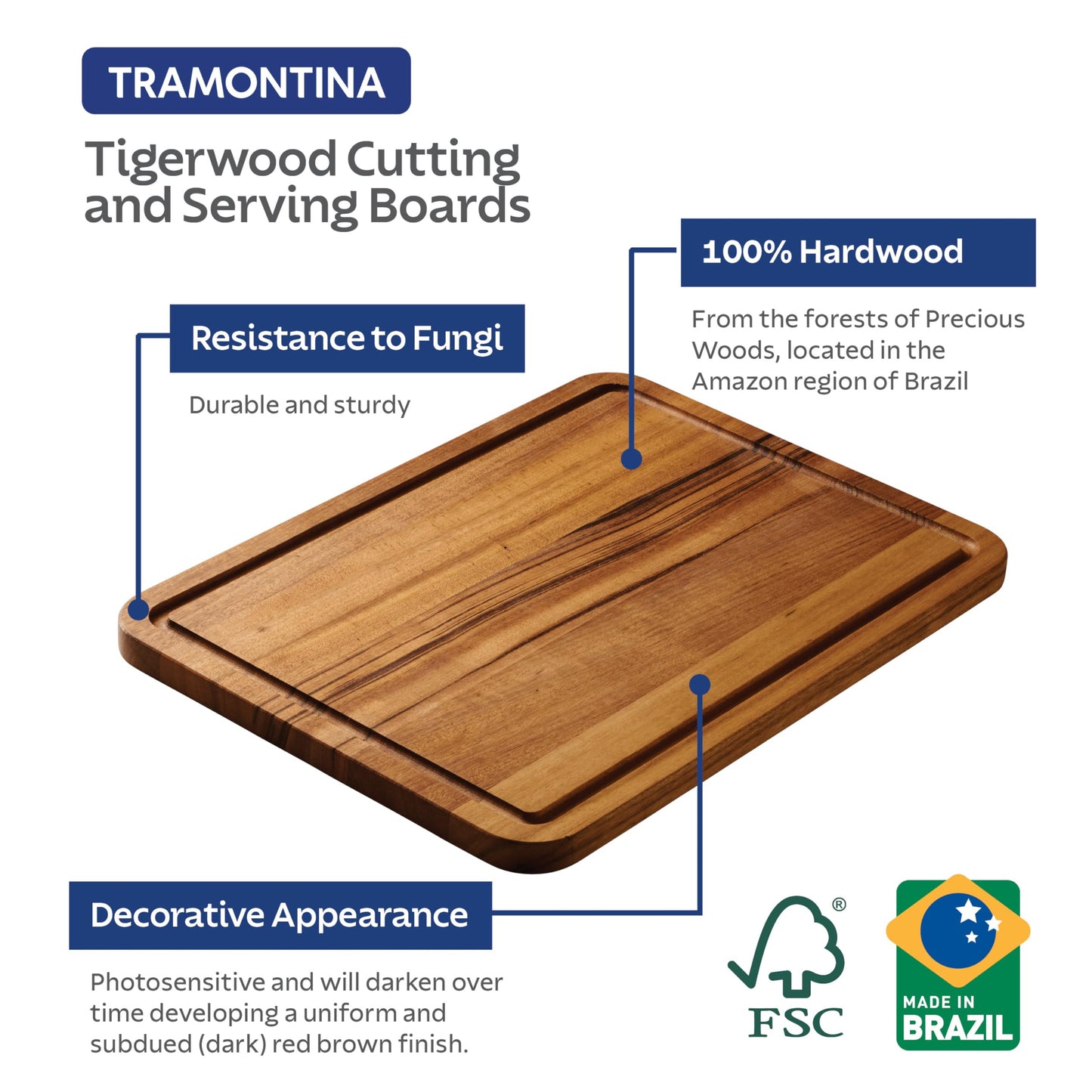 Tramontina FSC Certified Brazilian Tigerwood Cutting and Serving Board Set - 3 Pack (15 x 11-in, 12 x 8-in, 9 x 6-in), 81000/050DS