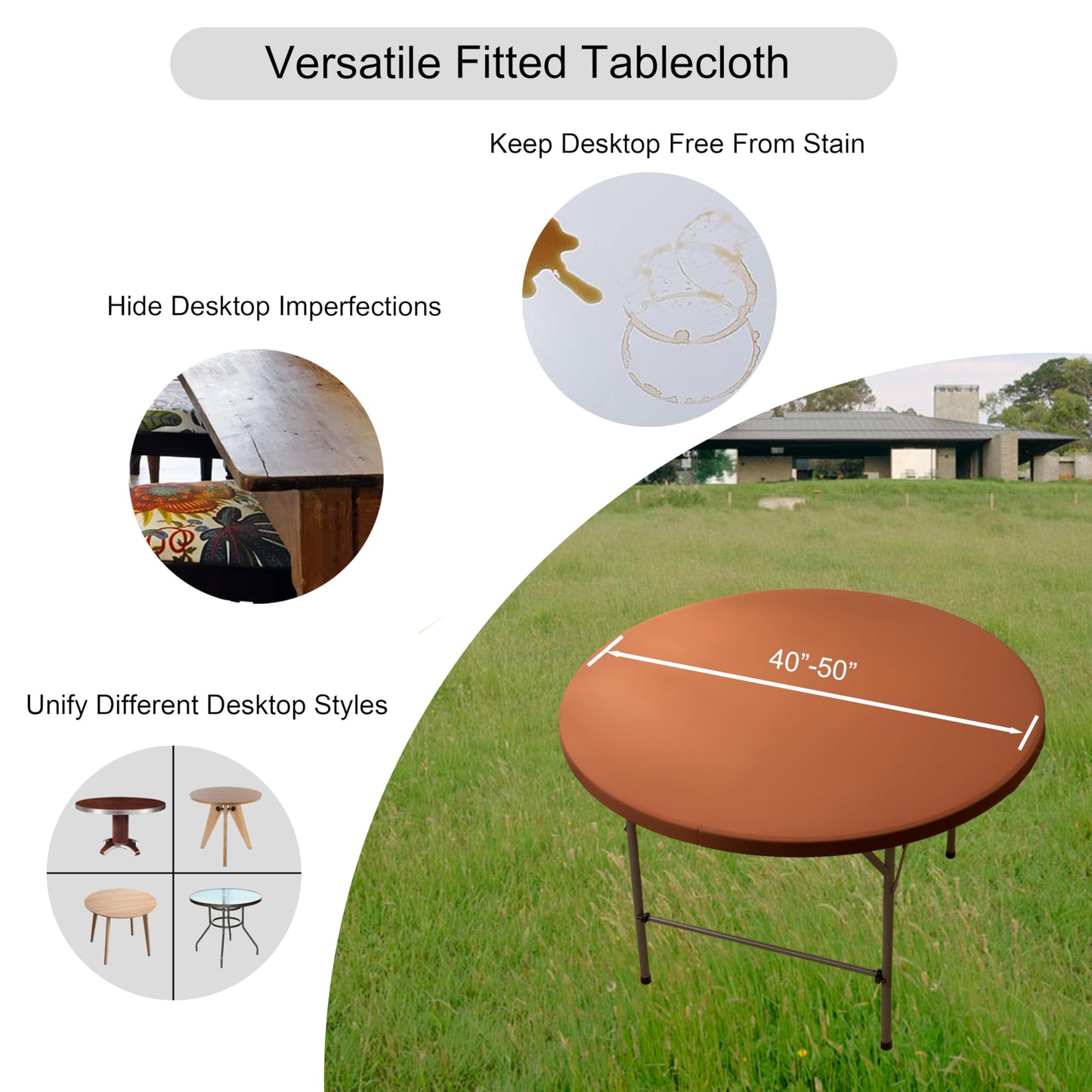 Viiamacki Round Spandex 48 Inch Fitted Tablecloth, Elastic Picnic Folding Table Cloth, Stretchy Patio Table Cover Wipeable Tablecloths Cloths Covers for Camping Outdoor Indoor Party Coffee