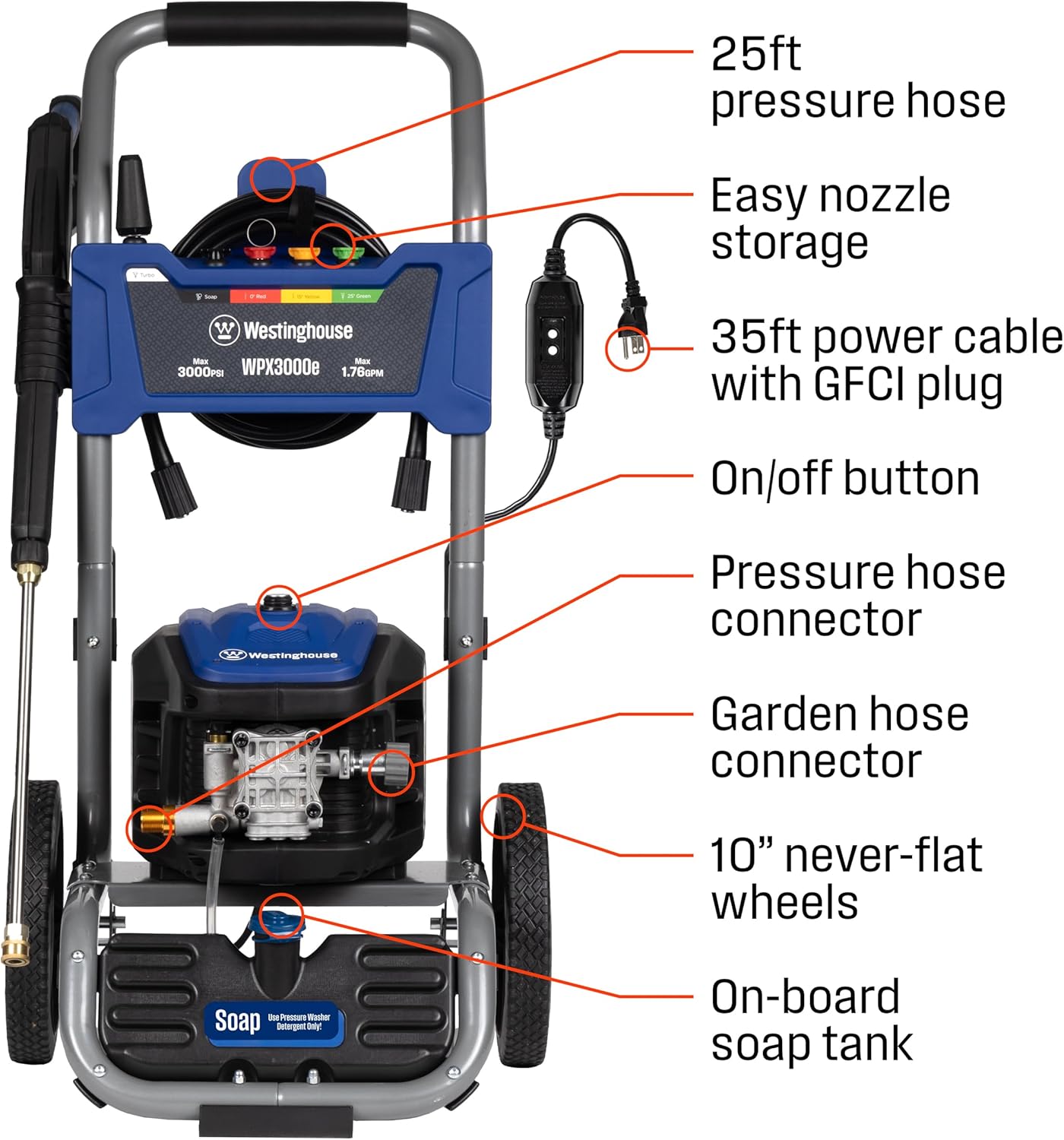 Westinghouse WPX3000e Electric Pressure Washer - 3000 PSI, Induction Motor, Onboard Soap Tank, 5 Nozzle Set