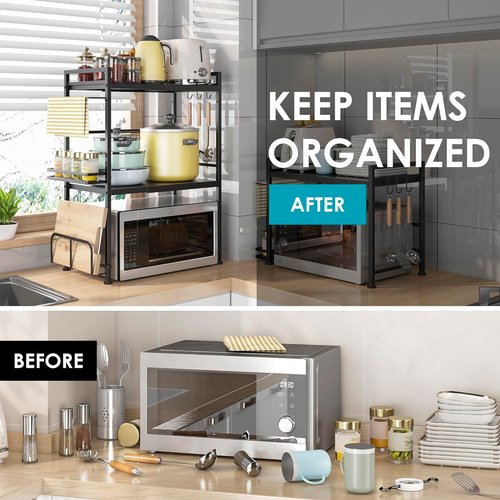 DOLALIKE Microwave Oven Rack - Expandable Kitchen Stand with 6 Hooks for Utensil Storage | Carbon Steel