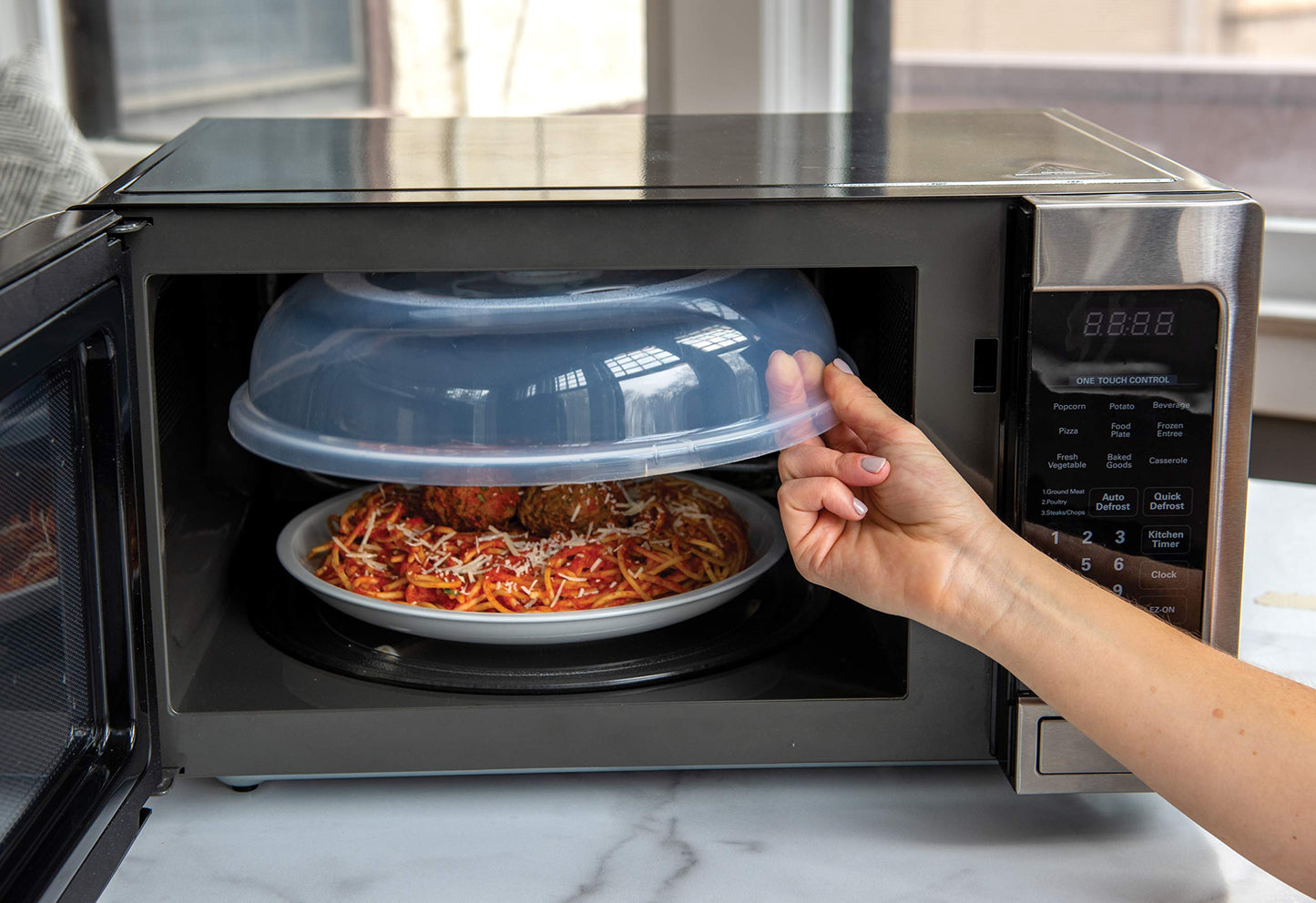 Nordic Ware Microwave Up & Away-Easy Stow - 11-inch Food Safe Lid, Plate Cover with Steam Vents, Anti-Splash Microwave Lid, Contains Moisture, Space-Saving Storage Bracket included