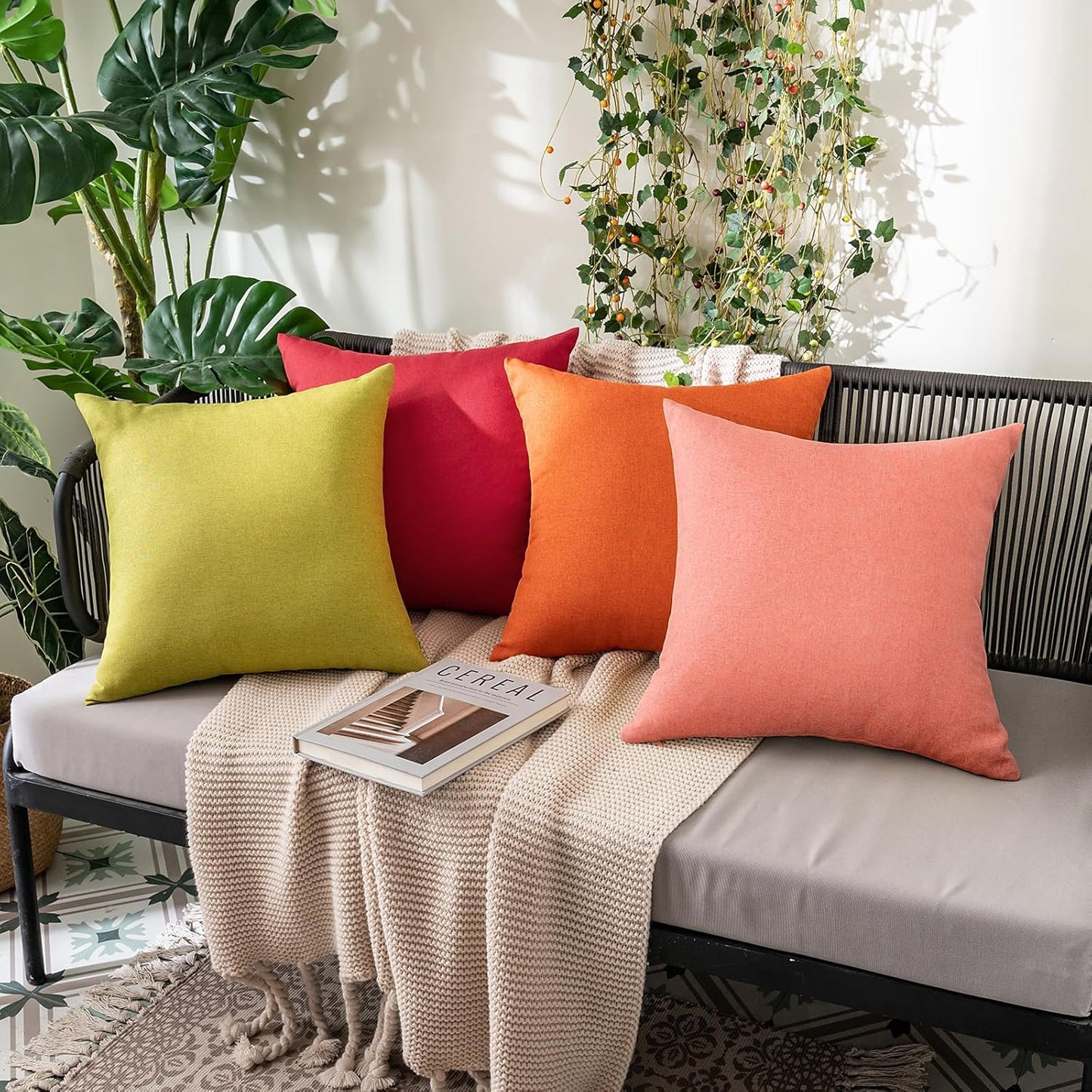 MIULEE Decorative Outdoor Throw Pillow Covers - Waterproof Faux Linen Cushion Cases | 18x18 Inch Blush Pink (Pack of 2)
