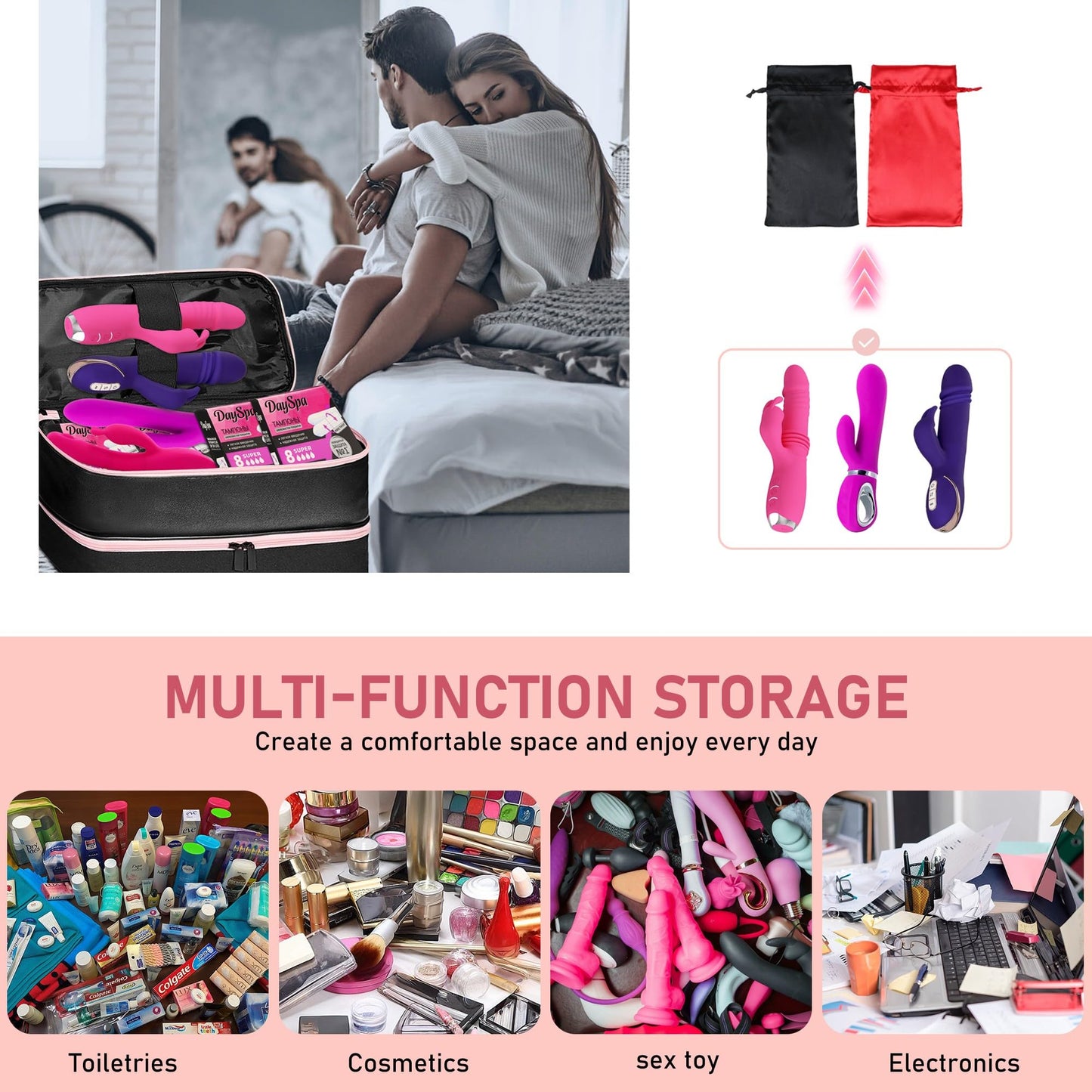 Turesmith Sex Toy Storage Bag with 2 Password Locks 4 Sex Toy Bags (Black) - Foldabl Lockable Adult Toy Organizer for Discreet Storage Privacy Protection