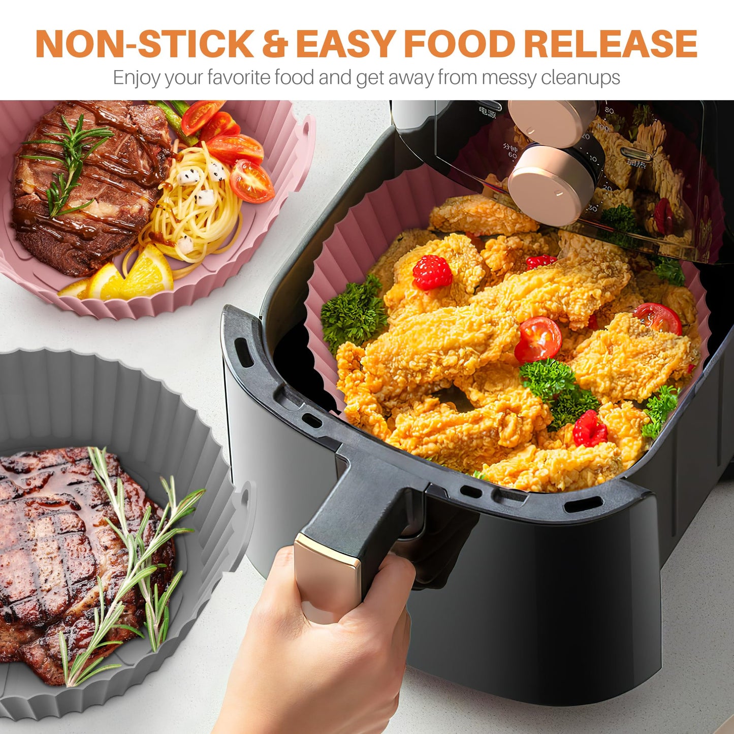 ME.FAN Air Fryer Silicone Liners for 4 to 7 QT [2 Pack] Reusable Air Fryer Basket with Handles & Holes Light Grey
