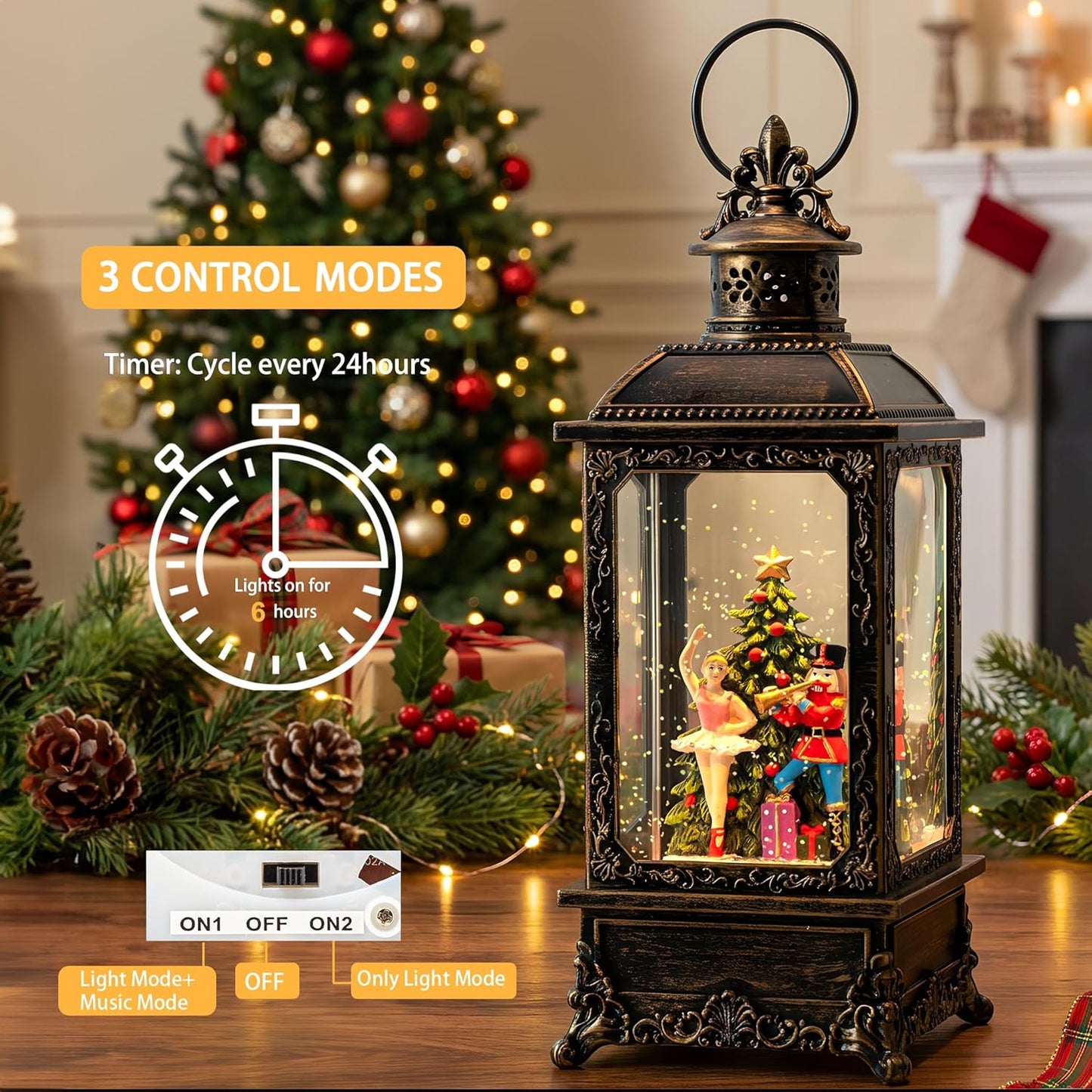 VISFLAIR Christmas Snow Globe Lantern - Musical Nutcracker & Ballerina with Glittering Lights | Battery or USB Powered