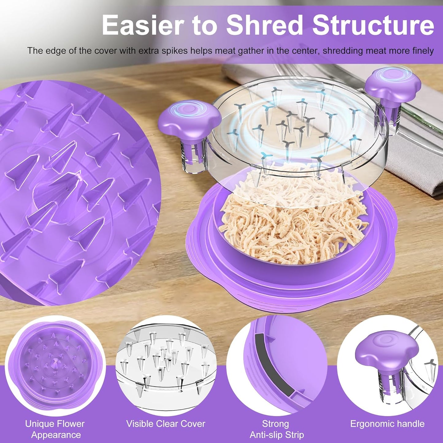 SURETIVIAN Chicken Shredder - Ergonomic Large Meat Shredder Tool with Brush & Fork | BPA-Free, Purple