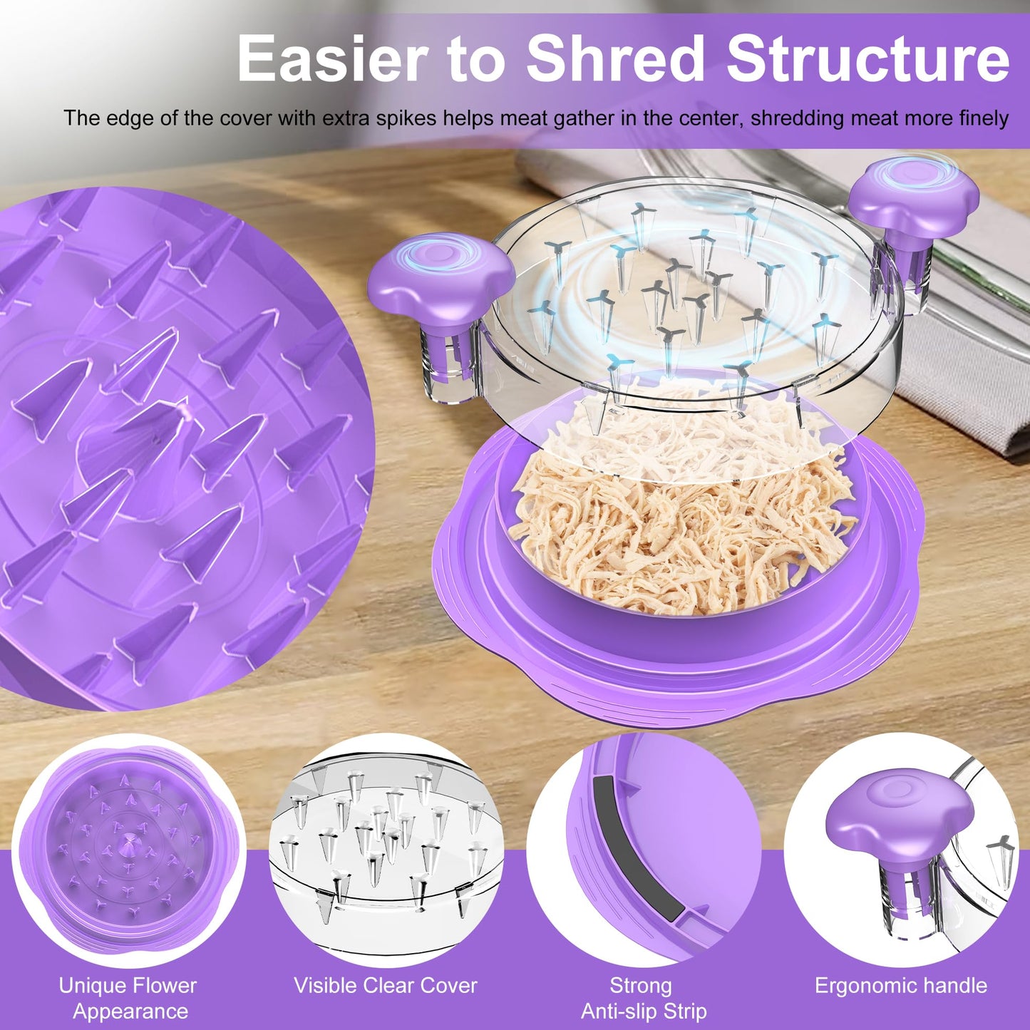 SURETIVIAN Chicken Shredder Large Chicken Breast Shredder Tool Twist with Brush&Fork, Visible Meat Shredder Machine, Anti-Slip Strip, Ergonomic Handle, BPA Free, Suitable for Pork Beef Chicken(Purple)