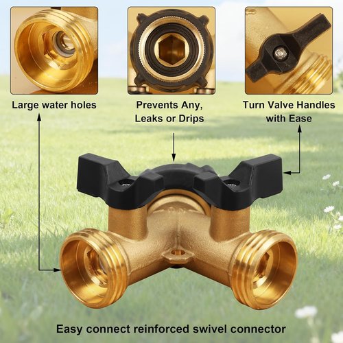 Biswing Garden Hose Splitter - Heavy Duty Brass 2-Way Tap Connector with 2 Valves & Extra Washers