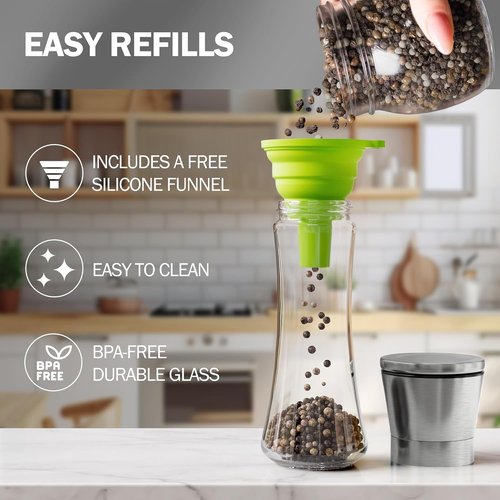 Home EC Premium Stainless Steel Salt and Pepper Grinder Set - Adjustable Ceramic | Tall Glass Shakers with Funnel & eBook