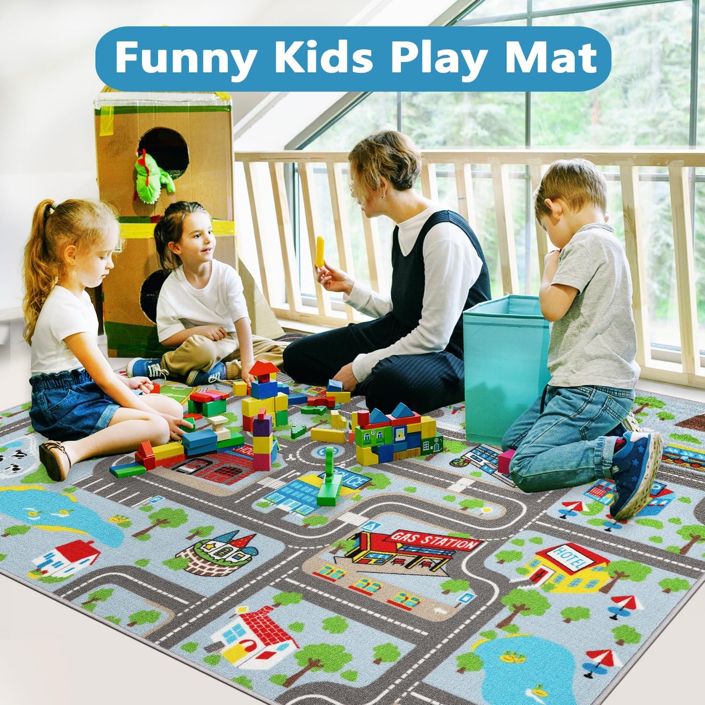 Capslpad Kids Rug Educational Play Rug 6.6' x 5' Traffic Road Kids Car Mat Large Learning Play Game Area Rug Kid Carpet for Playroom Living Room Nursery Room Decor, Sky Blue