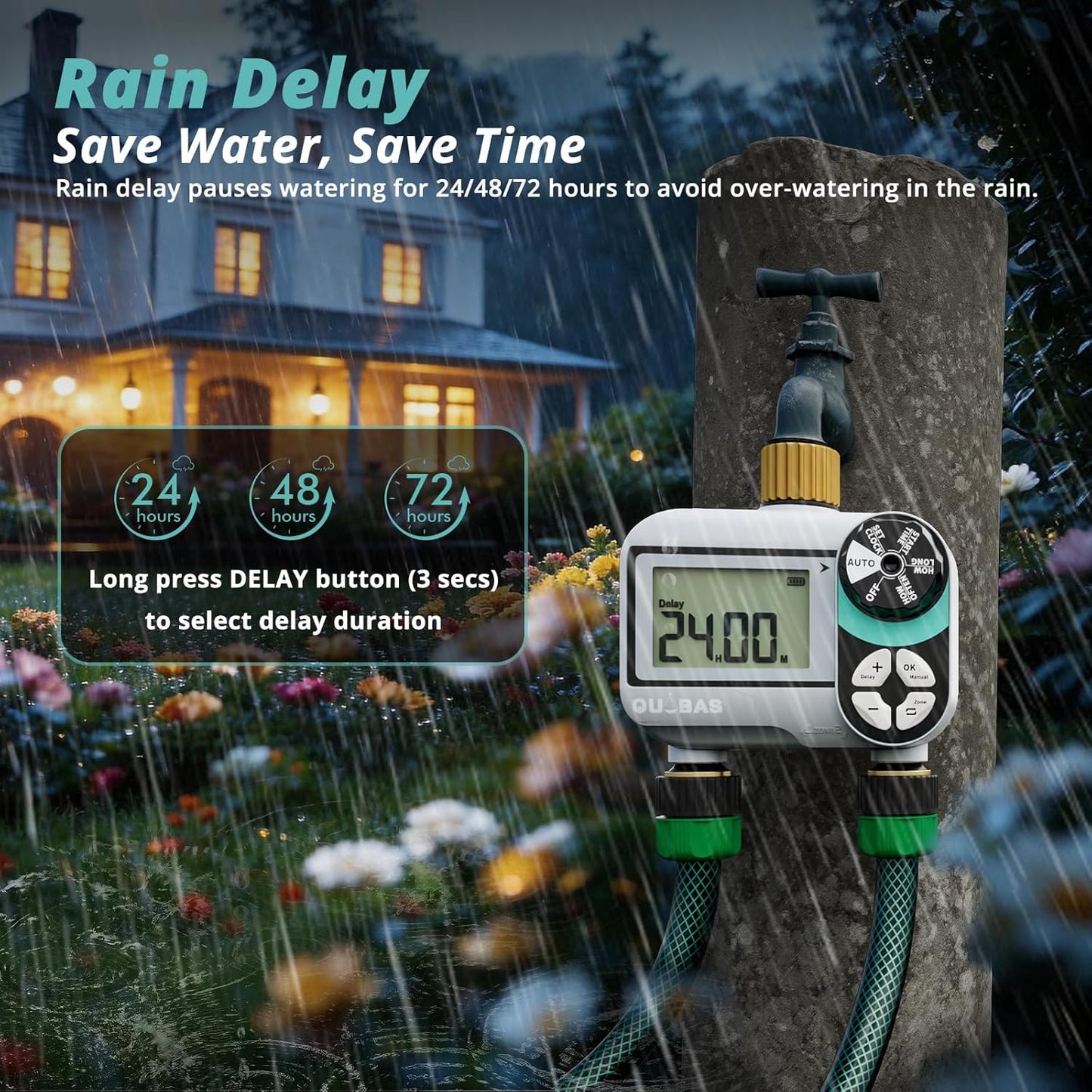 QUOBAS Brass Sprinkler Timer - Programmable Water Hose Timer with Waterproof LCD Screen | 2 Zone Irrigation System for Garden, Lawn, Yard