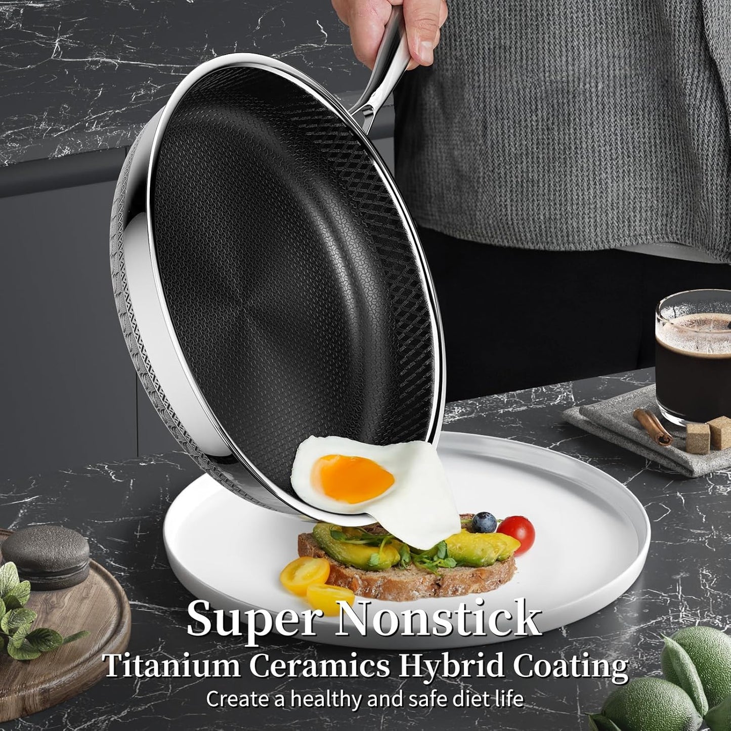 Skiennix 8-Inch Nonstick Frying Pan - Titanium Ceramic Tri-Ply Skillet with Lid & Stay-Cool Handle