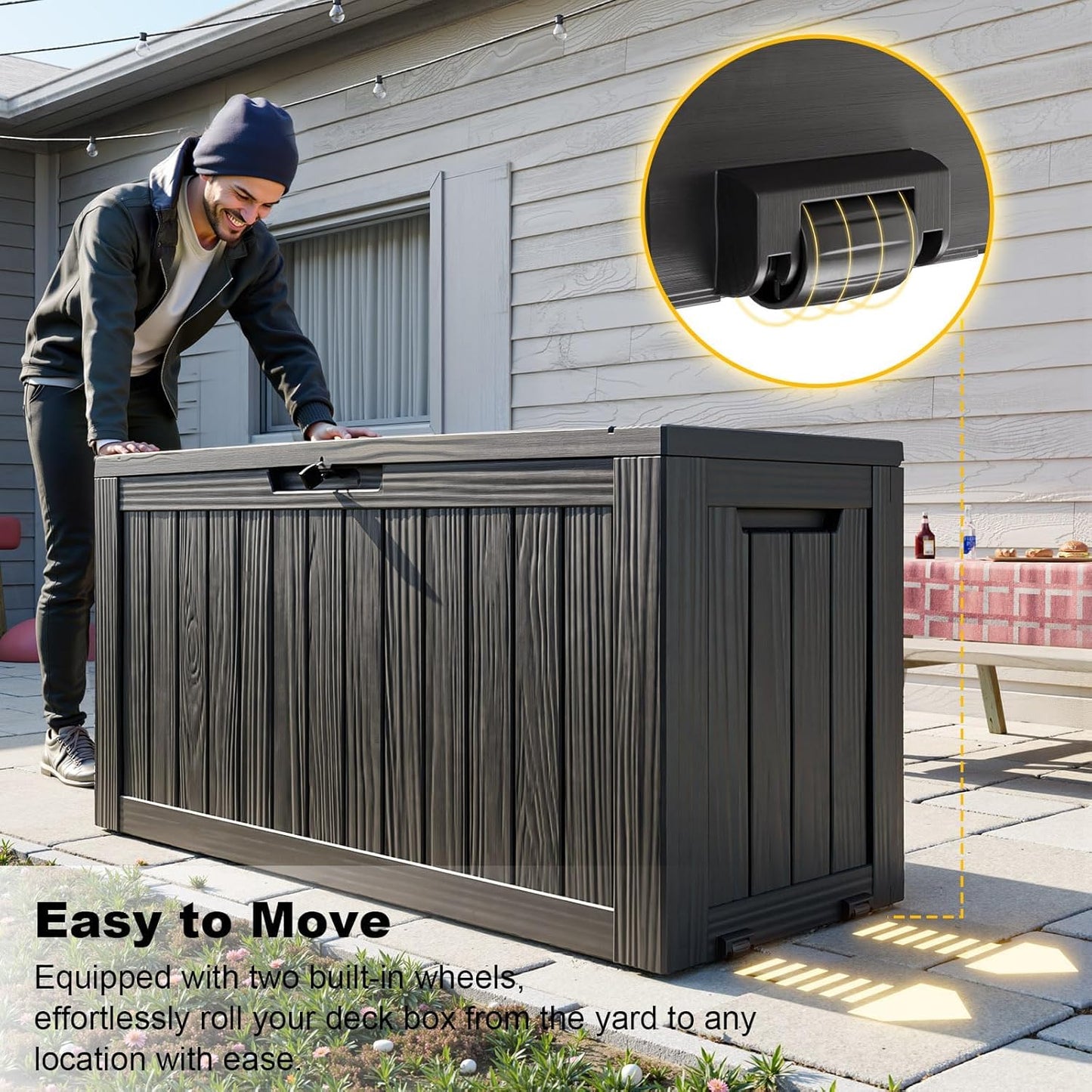 Skiennix 85 Gallon Outdoor Deck Box - Lockable Waterproof Storage for Garden Tools & Cushions | Black