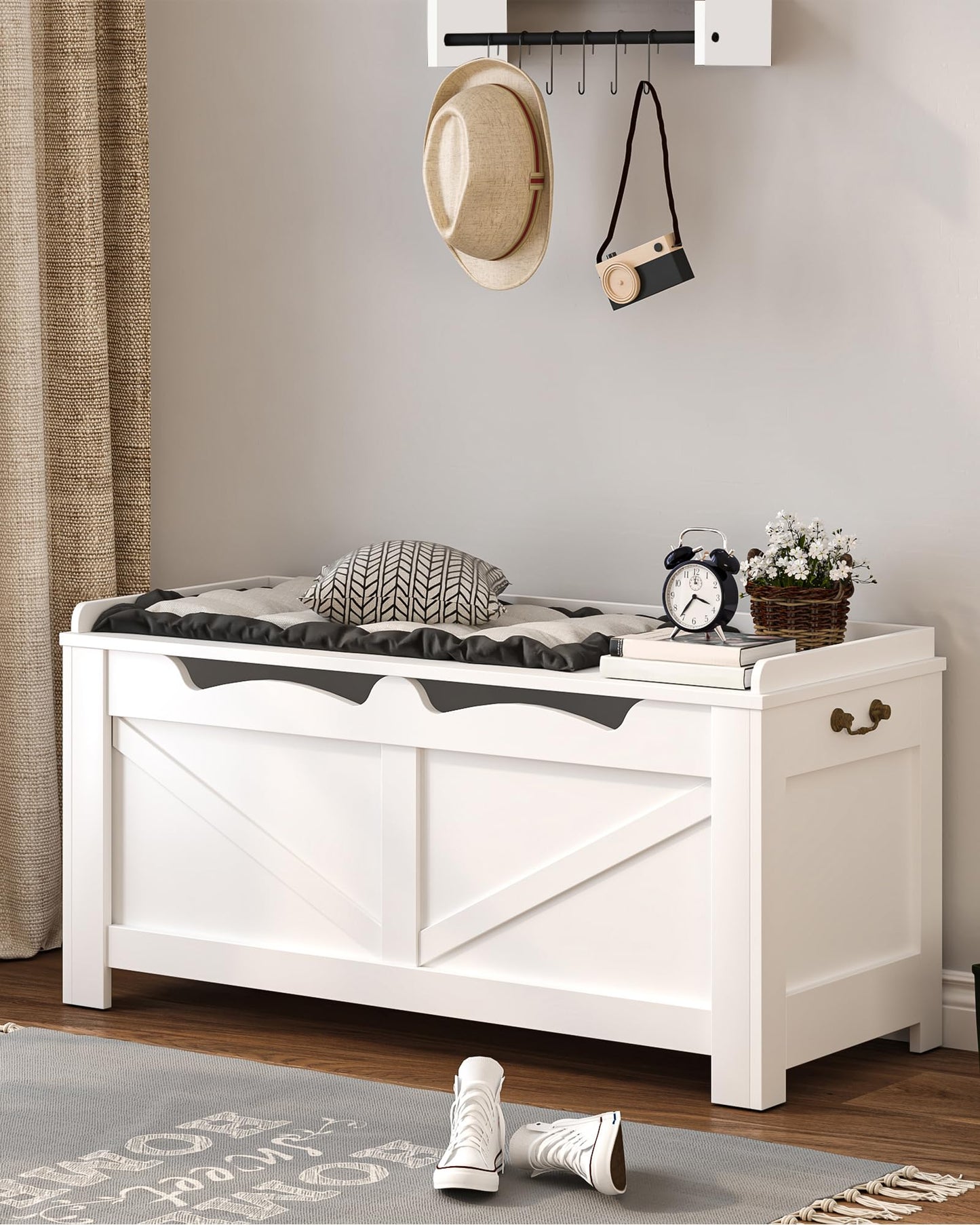 Hzuaneri 39.4" Storage Chest, Extra Large Storage Trunk with 2 Hinges, Wooden Box Bench, Lift-Top Organizer Chest, Shoe Bench for Entryway, Bedroom, Living Room, White SB04503X