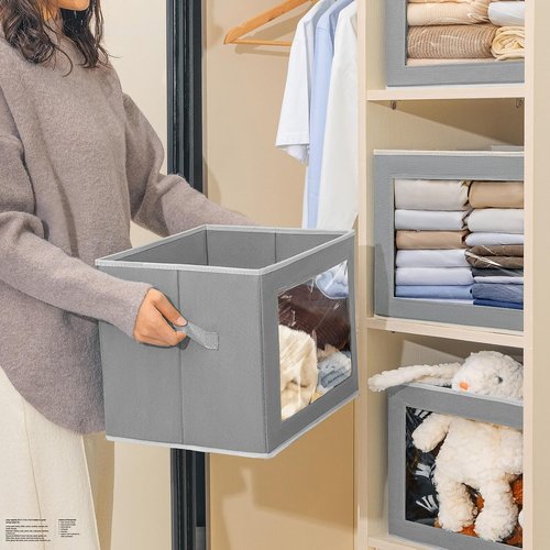 Homsorout Large Storage Bins - Collapsible Fabric Cubes with Lids for Clothes | 15.7 Inch, Grey, 6 Pack