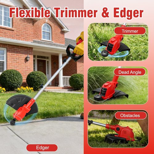 21V Cordless String Trimmer by [Brand Name] - 12" Auto-Feed Grass Cutter with 2.0Ah Battery & Fast Charger | 2-in-1 Electric Lawn Tool for Yard Maintenance - Red