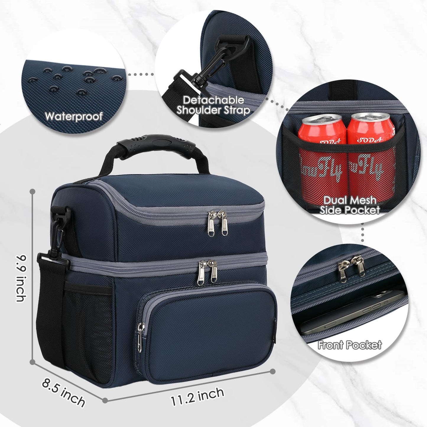 FlowFly Double Layer Cooler Insulated Lunch Bag Adult Lunch Box Large Tote Bag for Men, Women, With Adjustable Strap,Front Pocket and Dual Large Mesh Side Pockets,Cyan