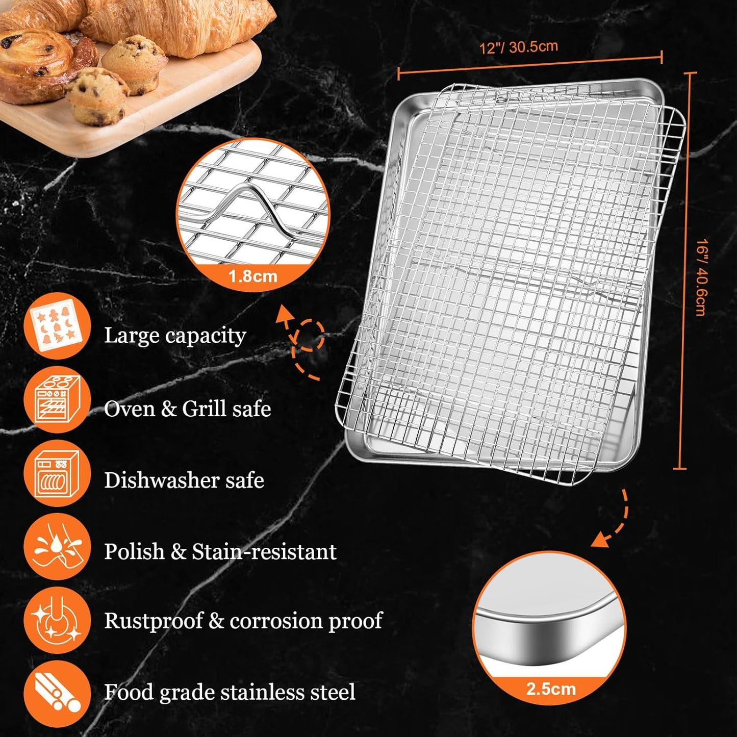 Leonyo Jelly Roll Pan Set - Commercial Stainless Steel Baking Sheet with Cooling Rack | 16 x 12 Inch (2 Trays + 2 Racks)