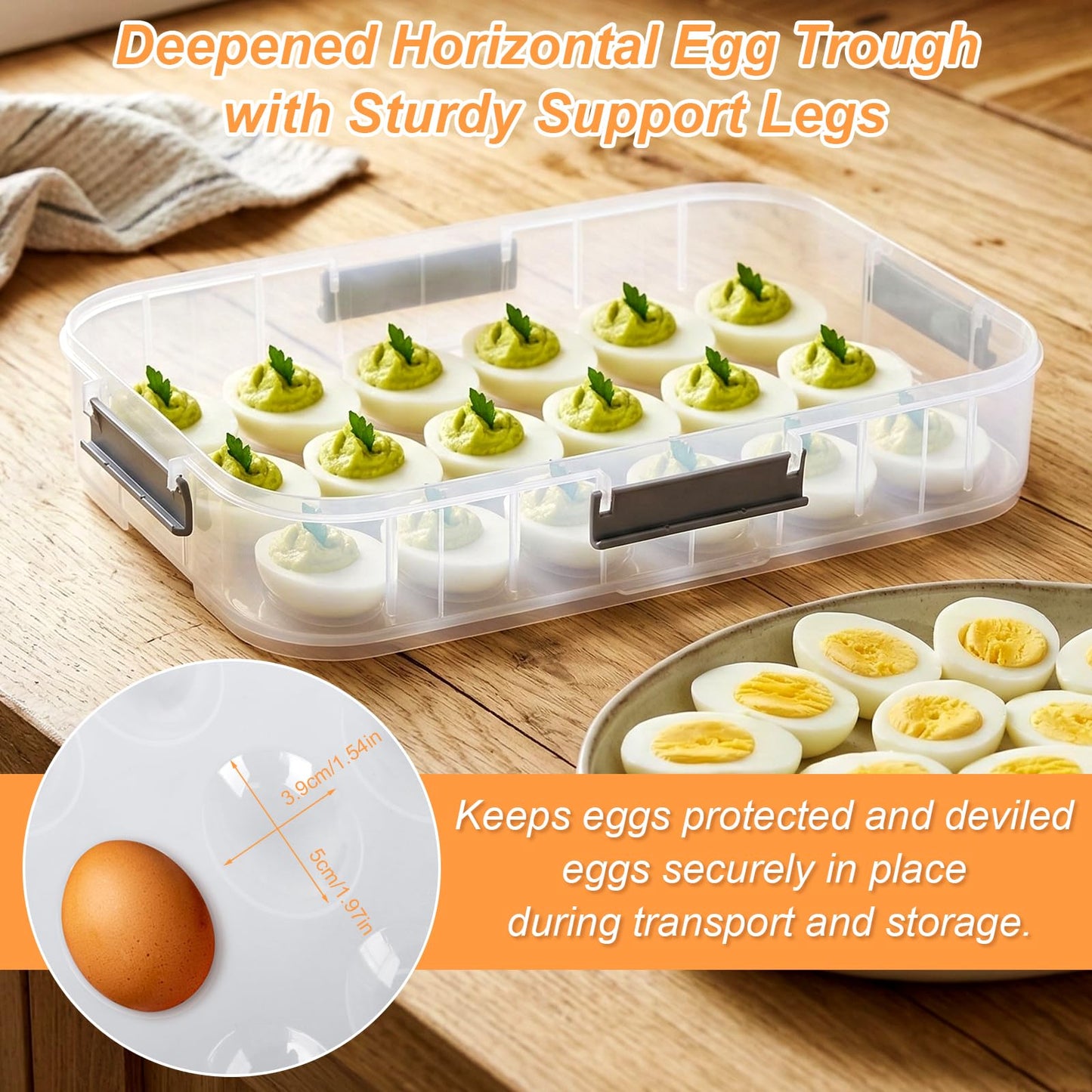 YESSWLQ 2-Layer Deviled Egg Containers with Lid, 36 Slots Refrigerator fridge organizers and storage egg cartons with Handle for Easter, with Slicer Kitchen Tongs Piping Decorating Kit