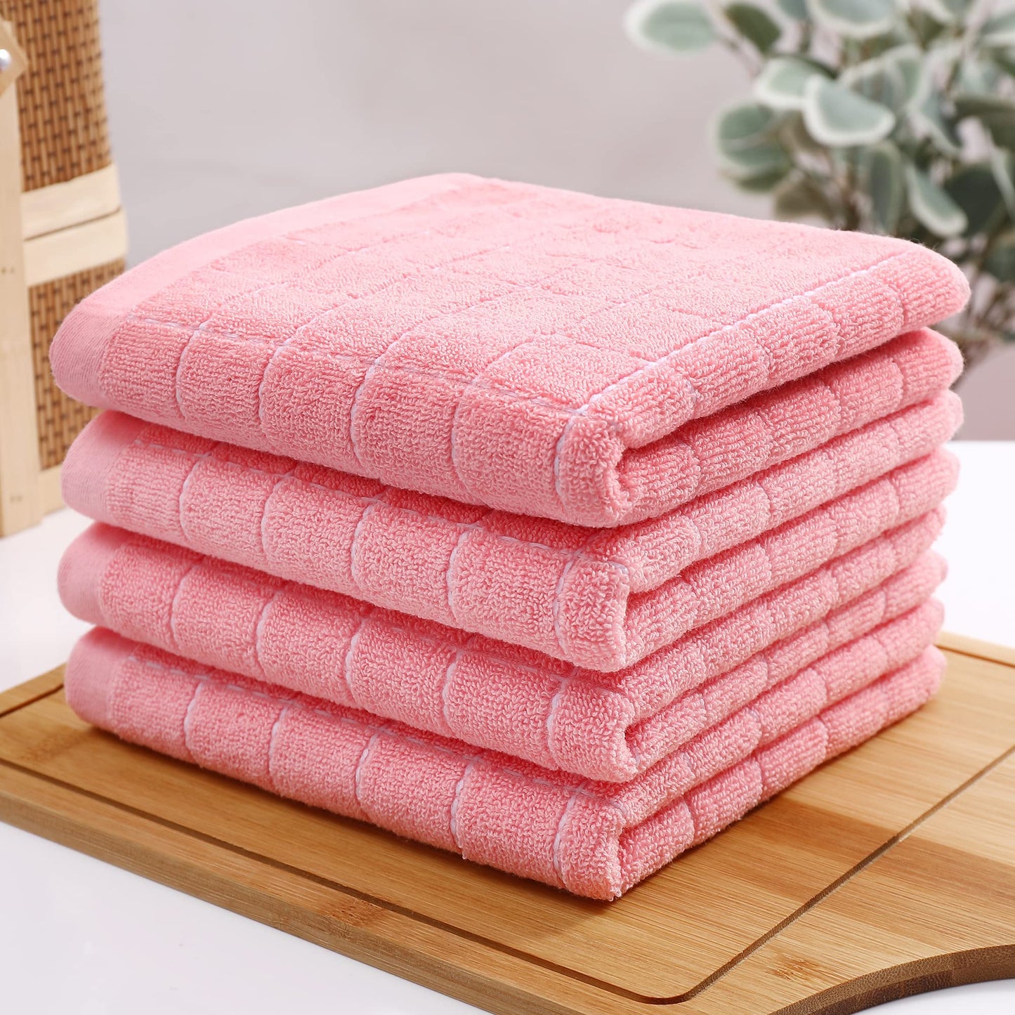 Homaxy 100% Cotton Terry Kitchen Towels(Pink, 13 x 28 inches), Checkered Designed, Soft and Super Absorbent Dish Towels, 12 Pack