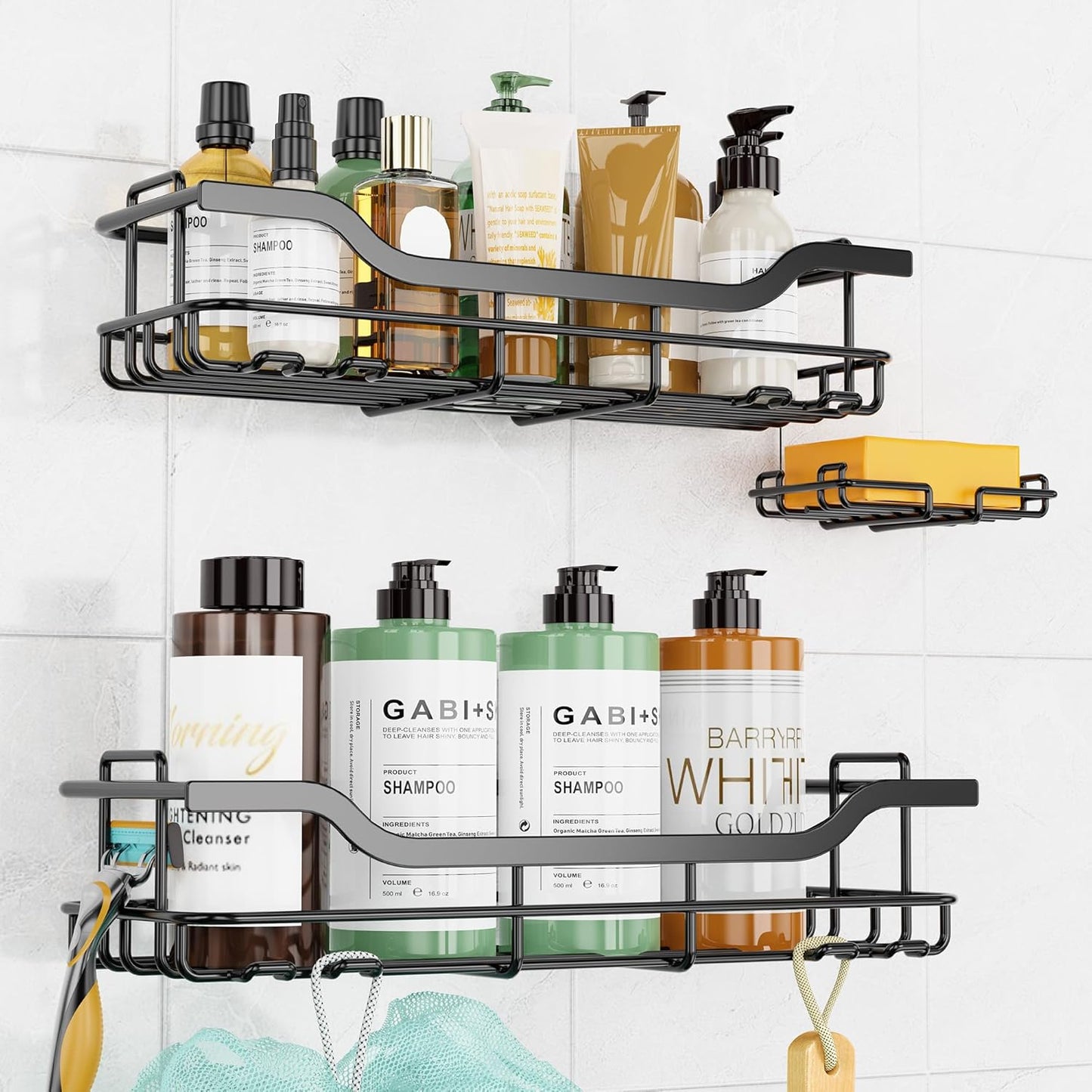 OMAIRA Shower Caddy - 3-Pack Rustproof No-Drill Organizer with Soap Holder for Smooth Walls | Large Size