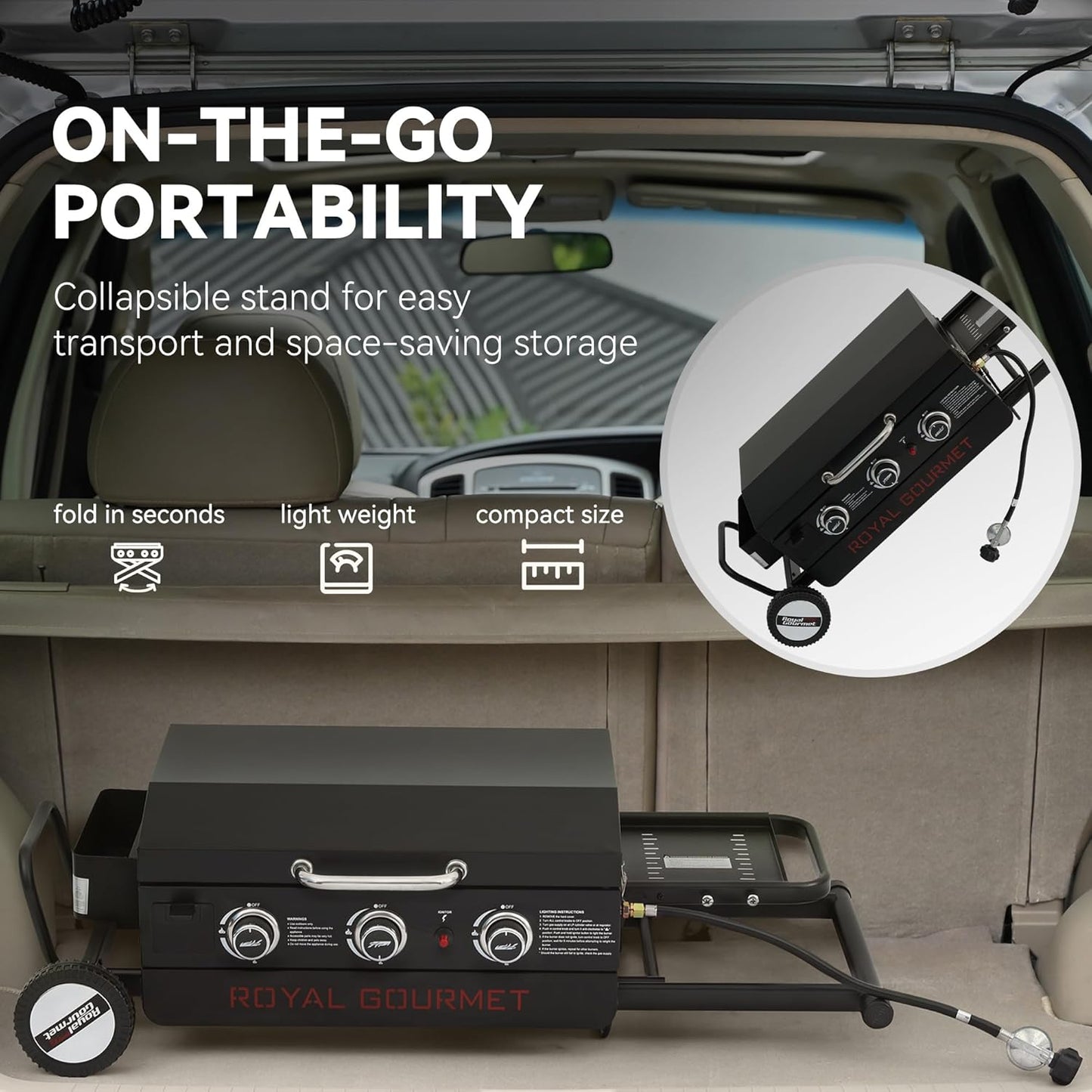 Royal Gourmet PD3001 3-Burner Propane Gas Griddle - 23-Inch Portable Grill with Collapsible Stand & Side Table for Camping, Tailgating, Backyard & Patio
