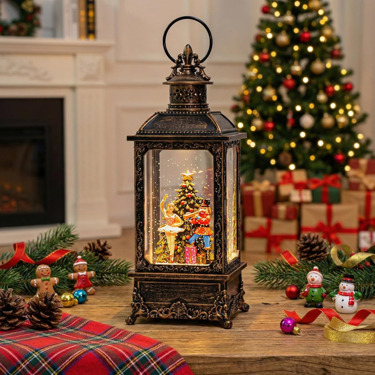 VISFLAIR Christmas Snow Globe Lantern - Musical Nutcracker & Ballerina with Glittering Lights | Battery or USB Powered