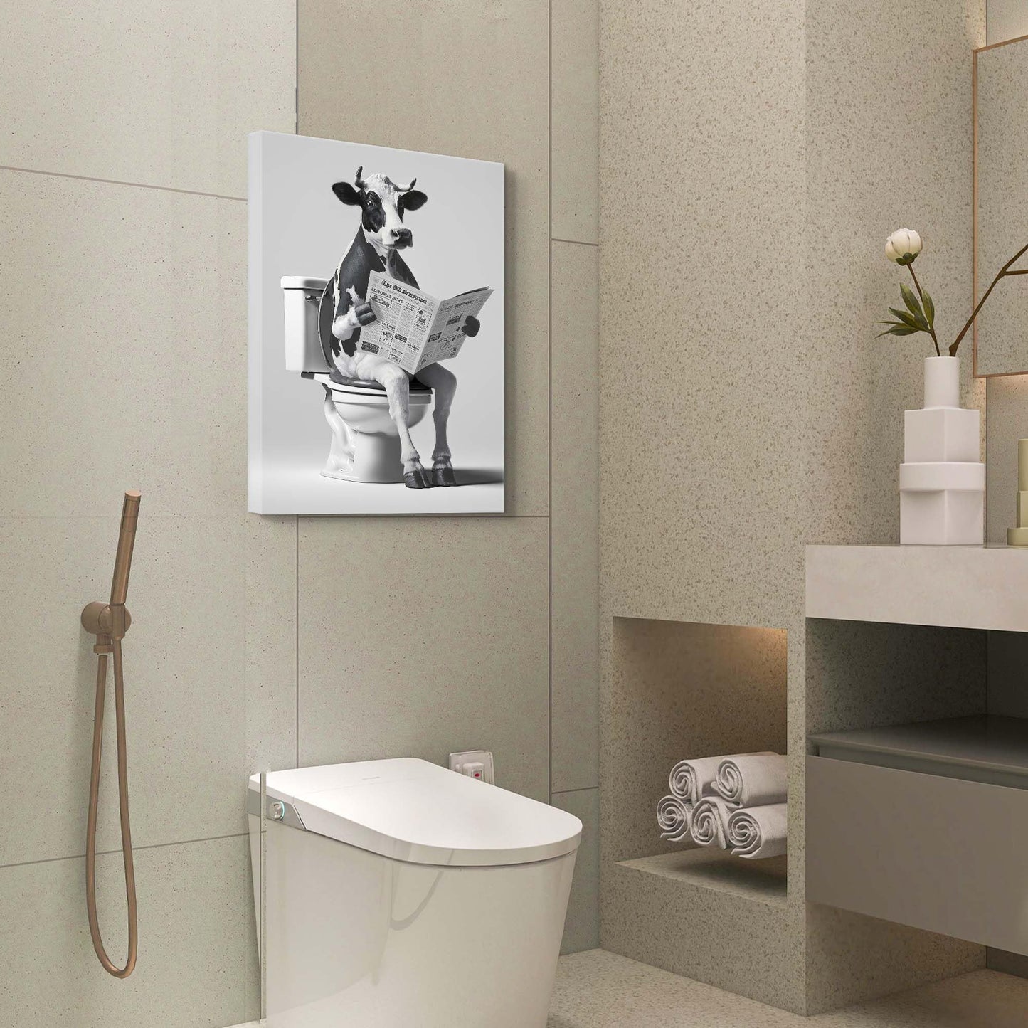 Animal Bathroom Wall Art Decor: Funny Cow Canvas Picture Black and White Bathroom Print Artwork Fun Animal on Toilet Painting for Home Restroom Farmhouse