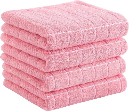 Homaxy 100% Cotton Terry Kitchen Towels - Soft, Super Absorbent Checkered Design | Pink, 13 x 28 Inches, 4 Pack