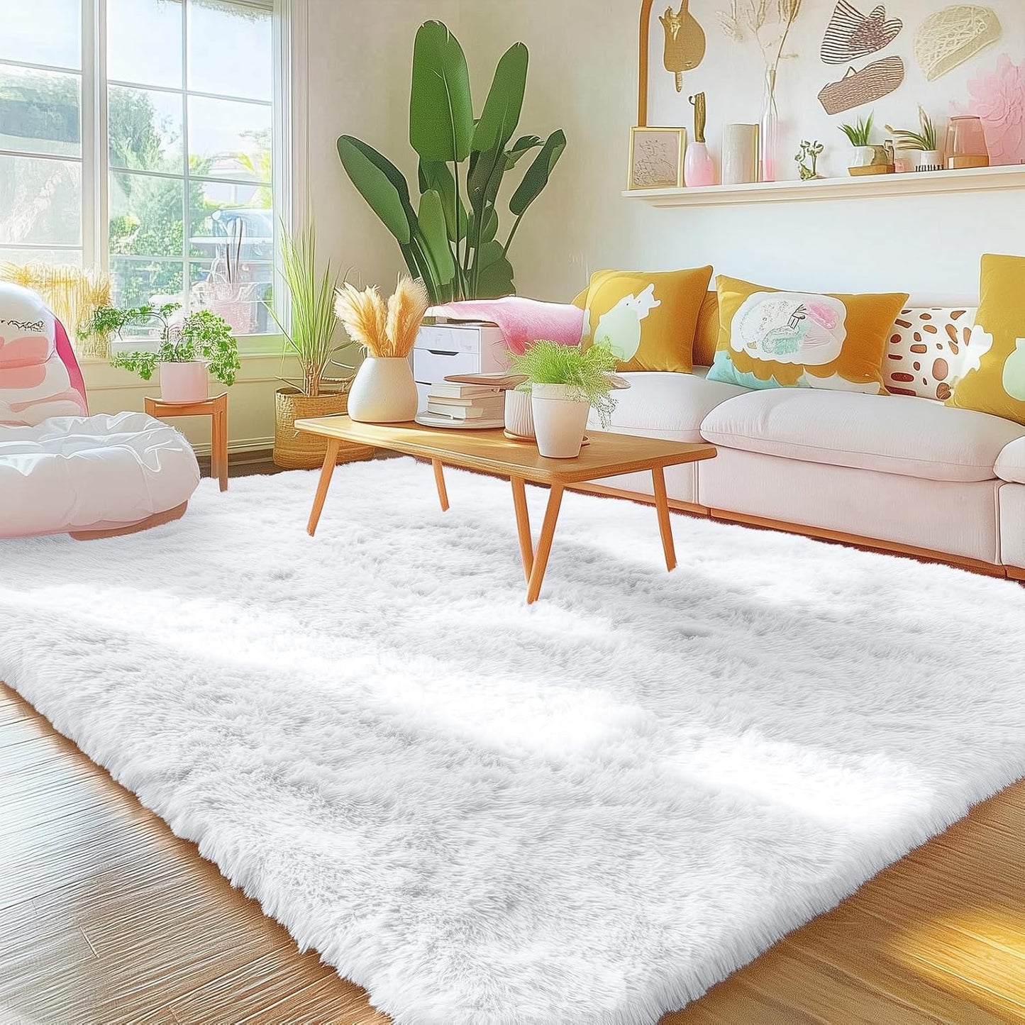 OLANLY Area Rug - Soft Fluffy Shaggy Design | Machine Washable 5x6 for Living Room & Bedroom Decor - White