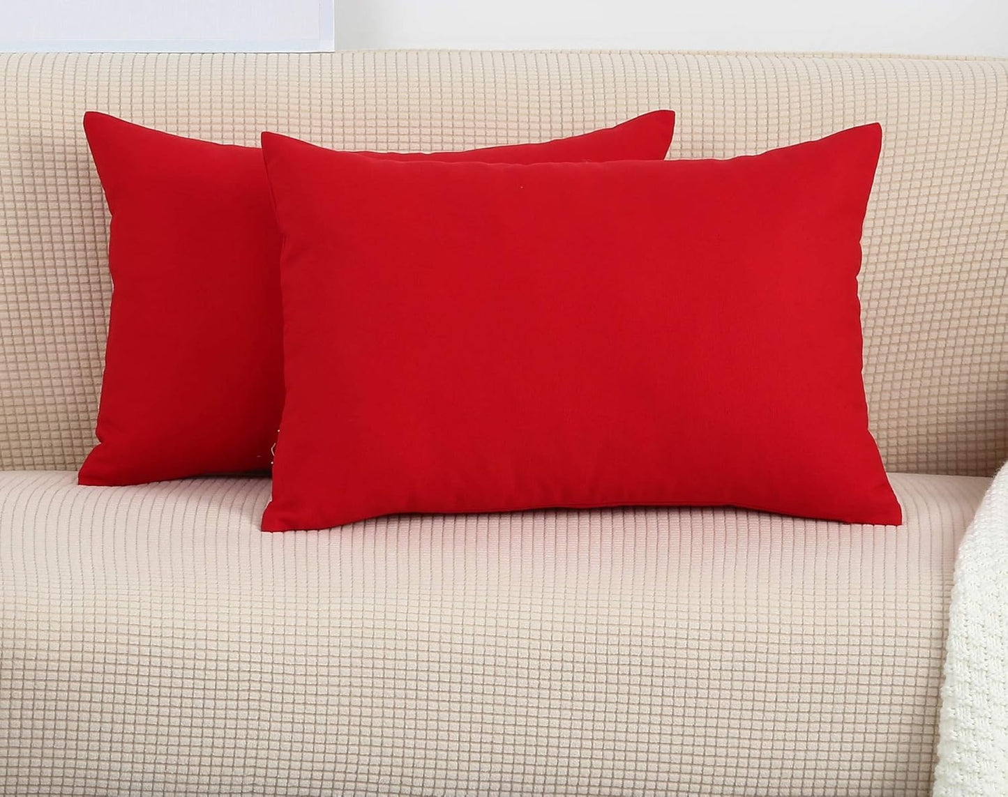 Red 100% Cotton Canvas Throw Pillow Covers - Handmade Decorative 12"x20" Shams