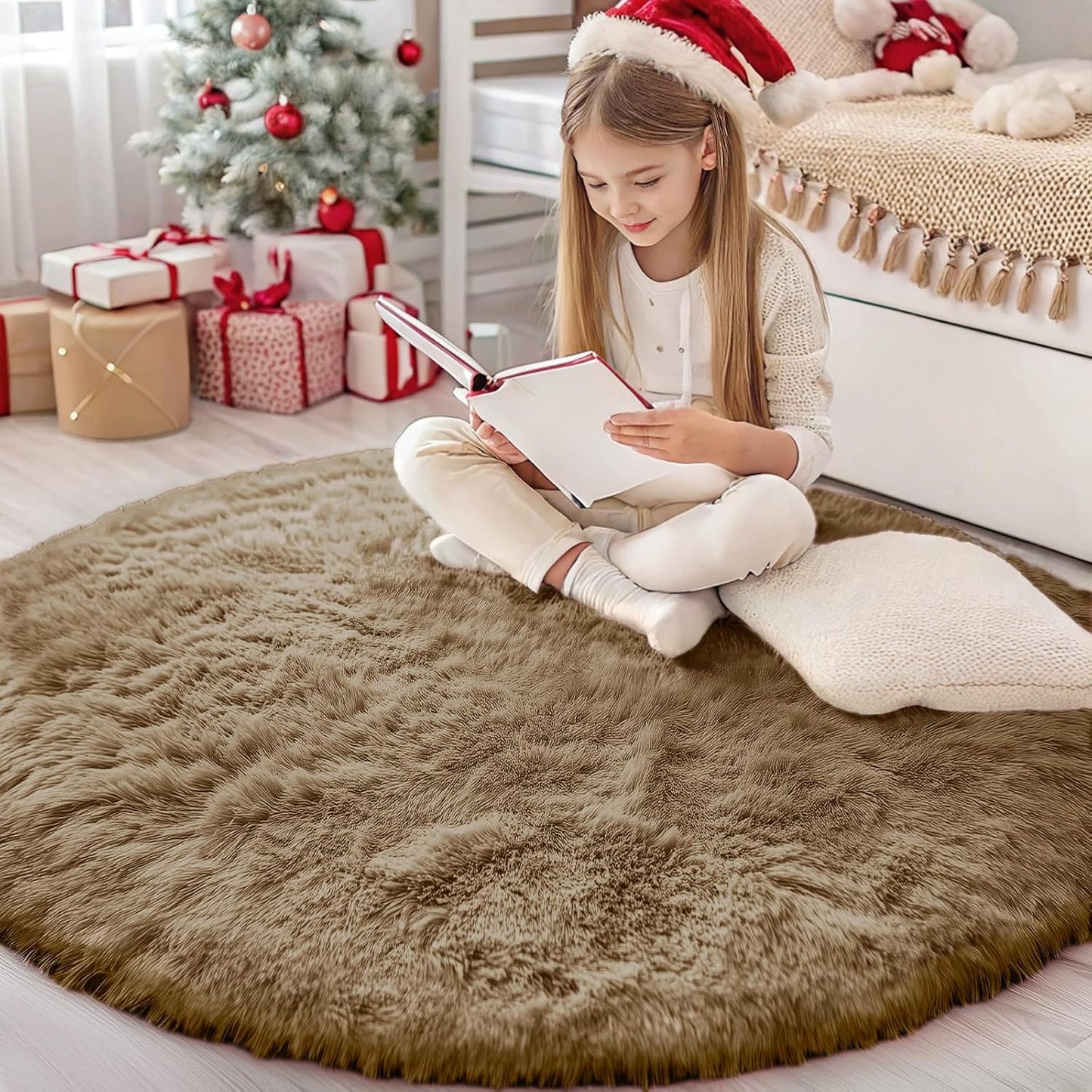 OLANLY Round Area Rug - Soft Taupe Shaggy Carpet, Machine Washable, 4 ft Circle for Bedroom & Living Room