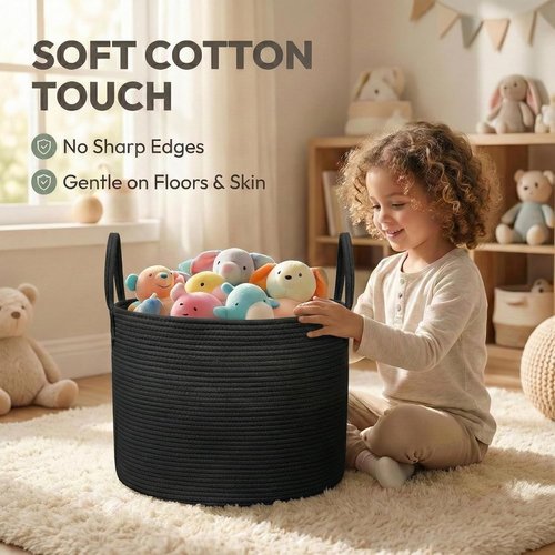 JMvicyroam 65L Extra Large Blanket Basket - Woven Cotton Rope Laundry Hamper with Reinforced Handles | Machine Washable, Black