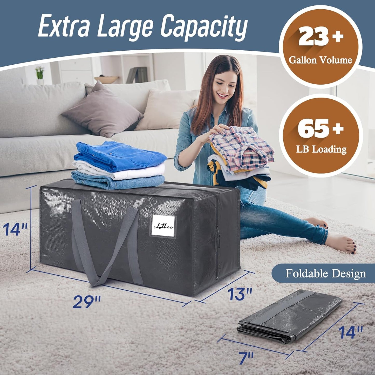 Skiennix Extra Heavy Duty Moving Bags - 6 Pack with Strong Zipper & Comfortable Handles | Durable Gray Storage Totes
