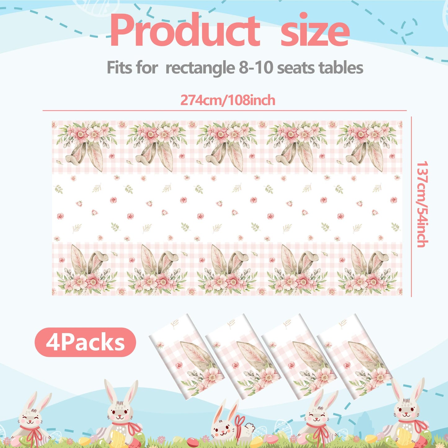 BCCSNNM 4 Pcs Easter Tablecloth Plastic,Easter Party Decorations Disposable Bunny Tablecloth Spring Table Cover,54x108 Inch