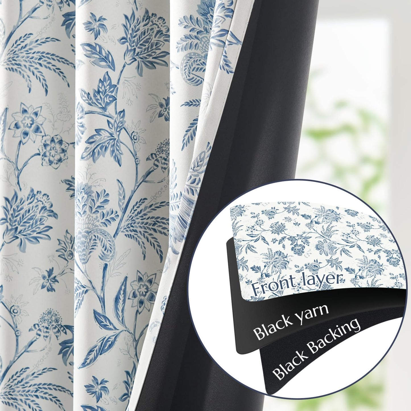 jinchan Blackout Floral Curtains for Bedroom, 84 Inches Long Printed Flower Black Out Curtains, French Country Back Tab Blue Window Treatment Farmhouse Drapes Set 2 Panels Blue