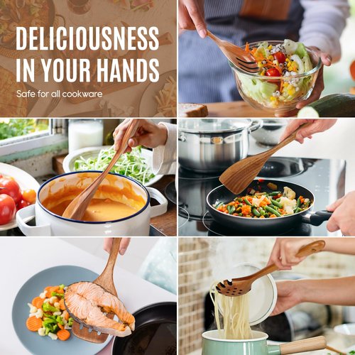 5 PCS Wooden Spoons for Cooking Natural Teak Kitchen Utensils Set Smooth Non-Stick Surface Cooking Utensils Set Soft Comfort-Grip Wooden Spatula Set