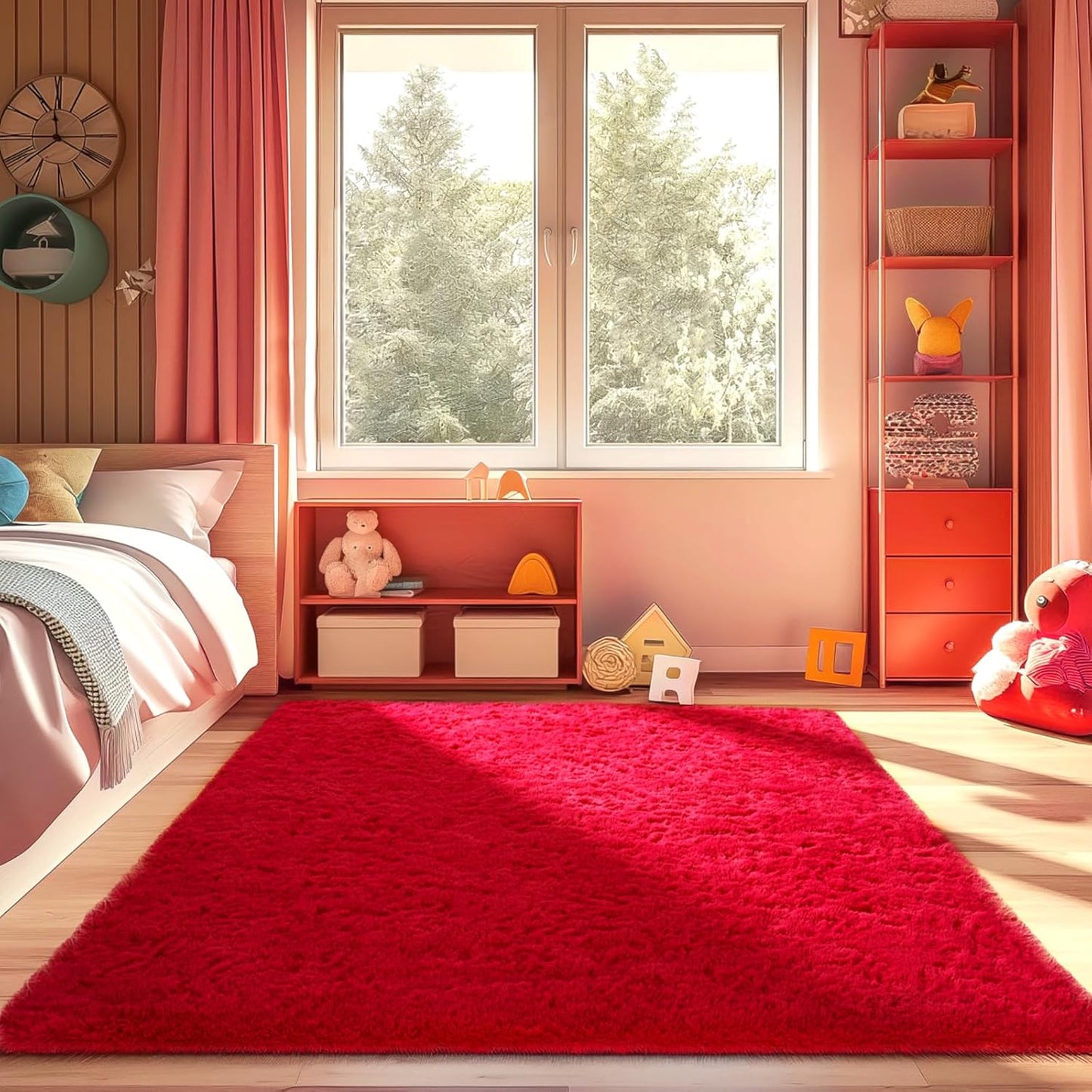 Ophanie Red Area Rug - Plush Soft Shaggy Carpet for Bedroom & Living Room | 4x6 Size, Perfect for Kids & Nursery Decor