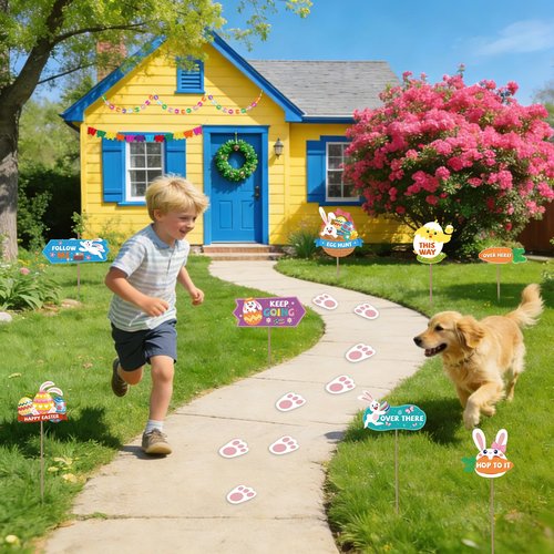 AhfuLife Easter Decorations Set, Happy Easter Bunny Paper Banner, Easter Egg Hunt Signs Clues with Sticks and Bunny Feet, Reusable Bunting for Home Garden Indoor Outdoor Party Game Decorations