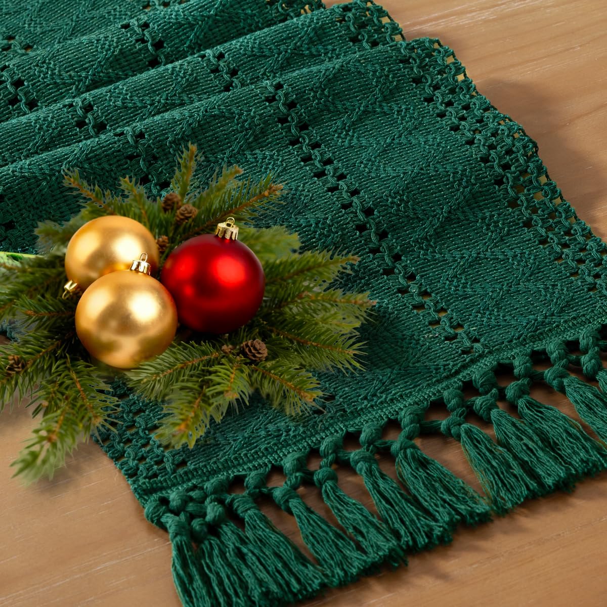 Socomi Boho Table Runner Macrame Long Summer Farmhouse Woven Cotton Linen Rustic Coffee Table Runner with Tassels for Dresser Scarf Home Decor Dining Room 12x108 inch Emerald Green