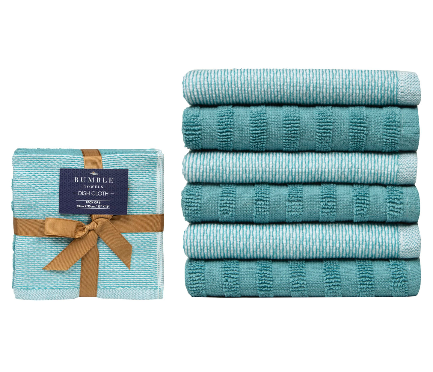 Bumble Premium Dish Cloths 13"x13" (6 Pack) | 100% Natural Ring Spun Cotton | 400 GSM | Highly Absorbent & Soft |Yarn Dyed & Solid Dyed Terry Dish Cloth Set - Aqua