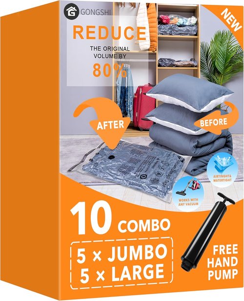 GONGSHI Vacuum Storage Bags - Space Saver Seal Bags for Clothing & Bedding | 5 Jumbo & 5 Large Sizes